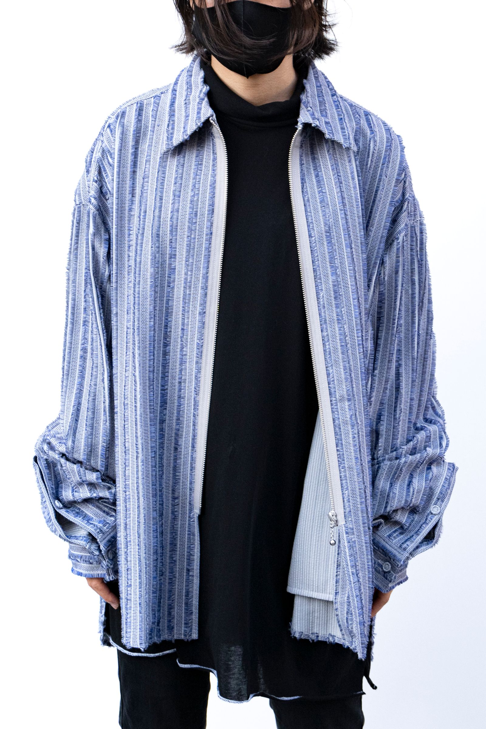 Quilted Striped Jacquard Shirt Blouson / 刺し子ストライプジャカードシャツブルゾン - GRAY BLUE