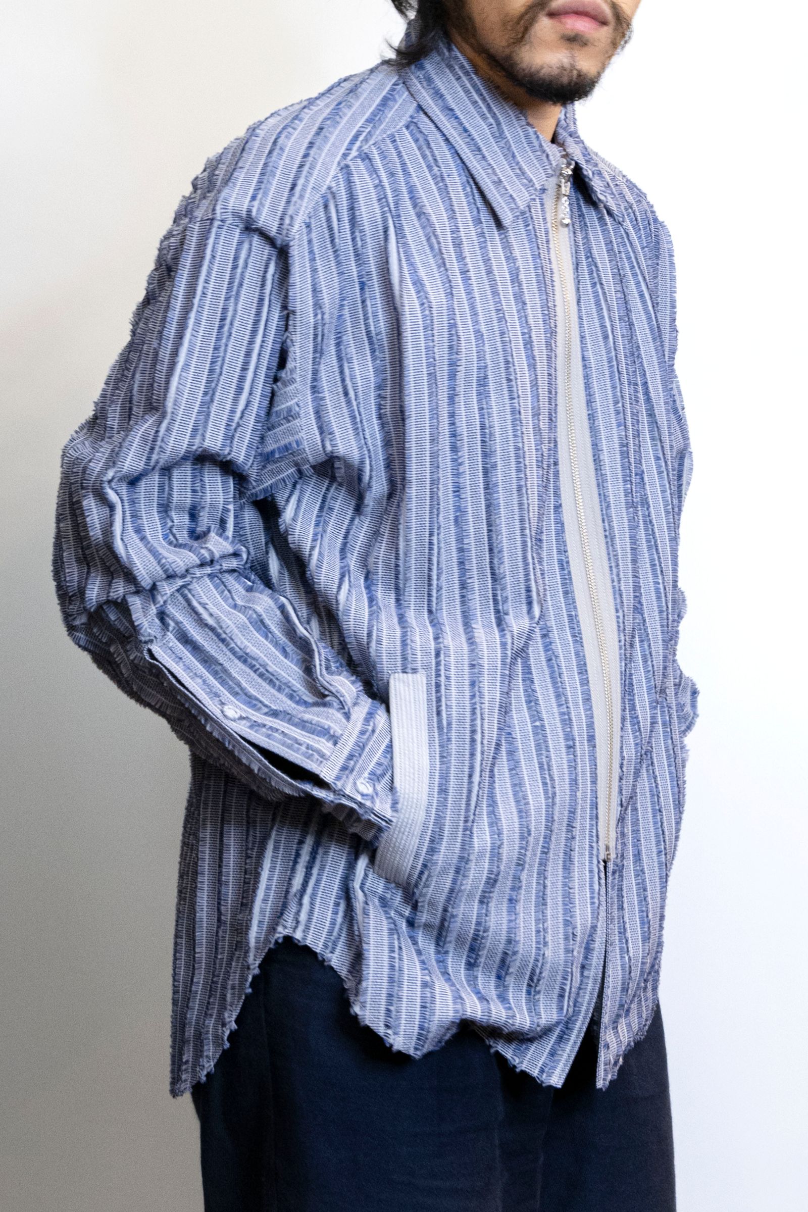 Quilted Striped Jacquard Shirt Blouson / 刺し子ストライプジャカードシャツブルゾン - GRAY BLUE