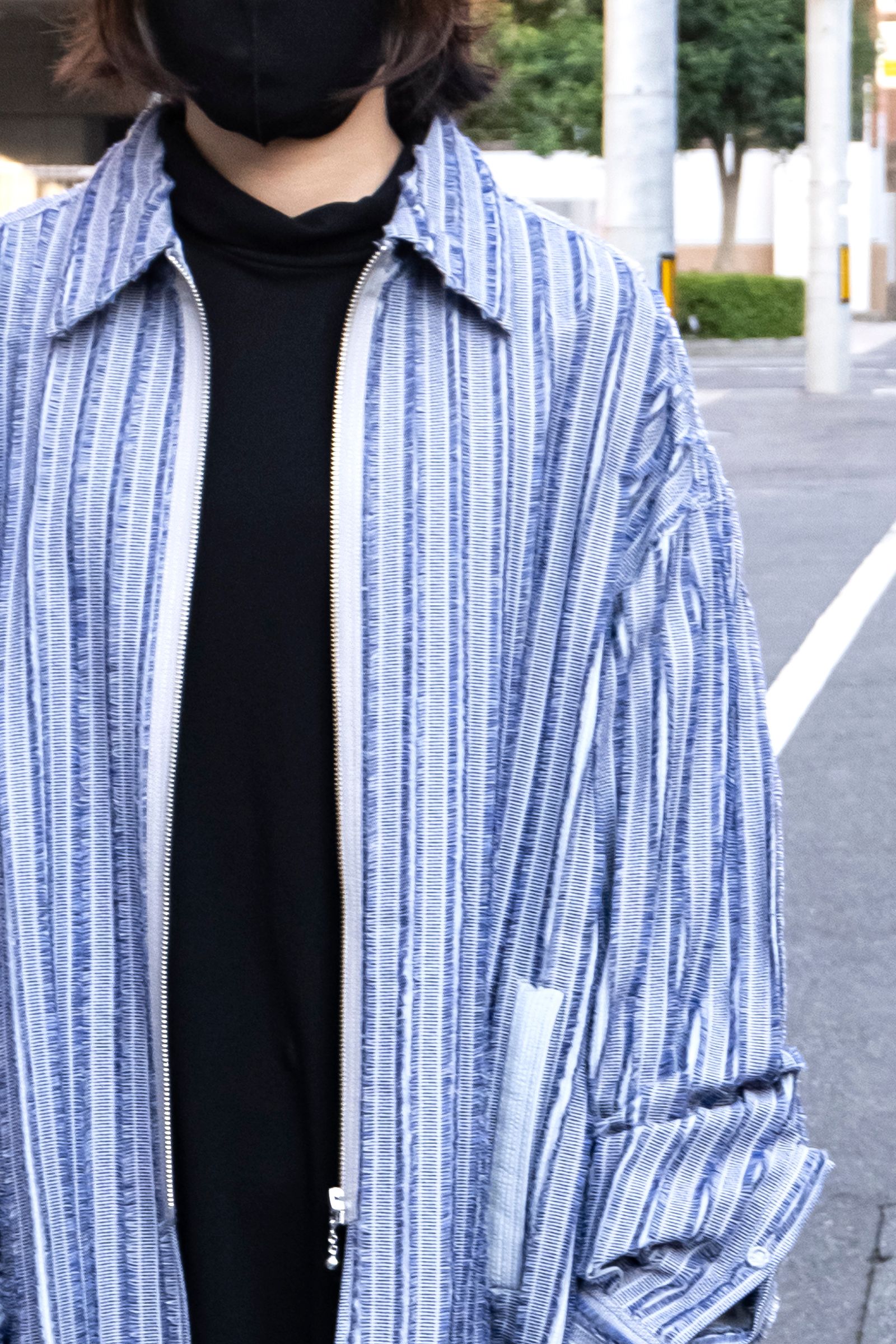 Quilted Striped Jacquard Shirt Blouson / 刺し子ストライプジャカードシャツブルゾン - GRAY BLUE