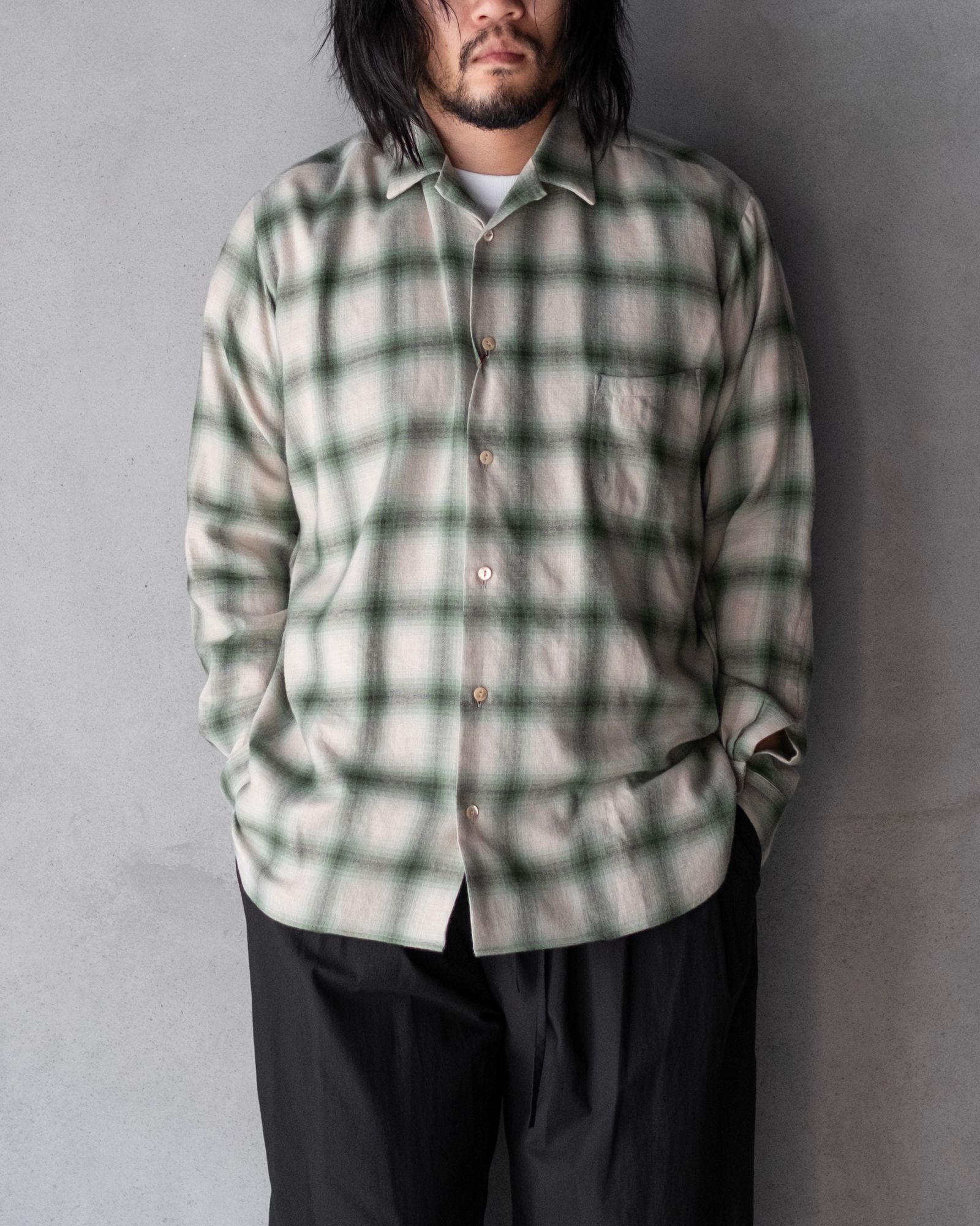 OPEN COLLAR SHIRT / GREEN OMBRE CHECK