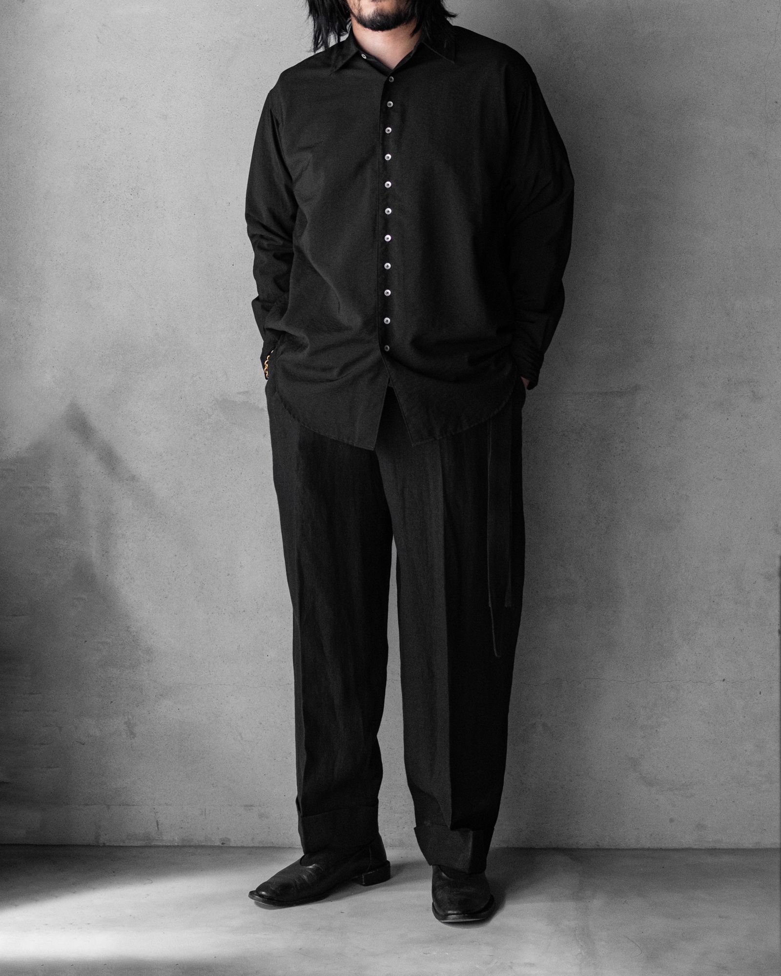 Linen Double Hem Pants with Matching Belt / Black