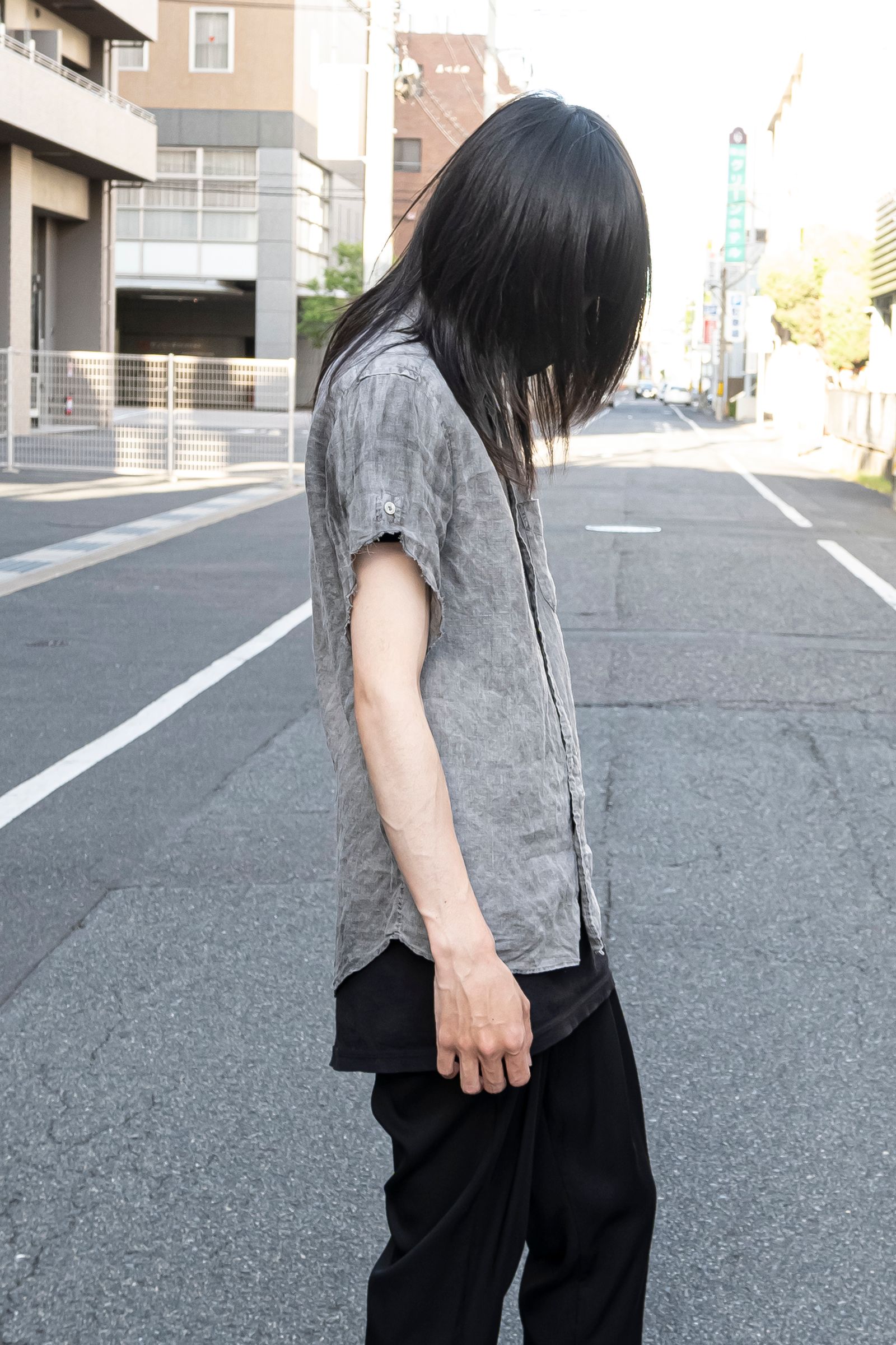 Remake "sumizome" Cutoff linen shirt