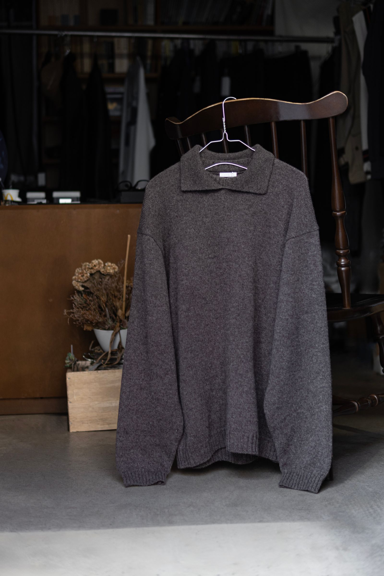 ALPACA POLO COLLAR KNIT SHIRT / BROWN