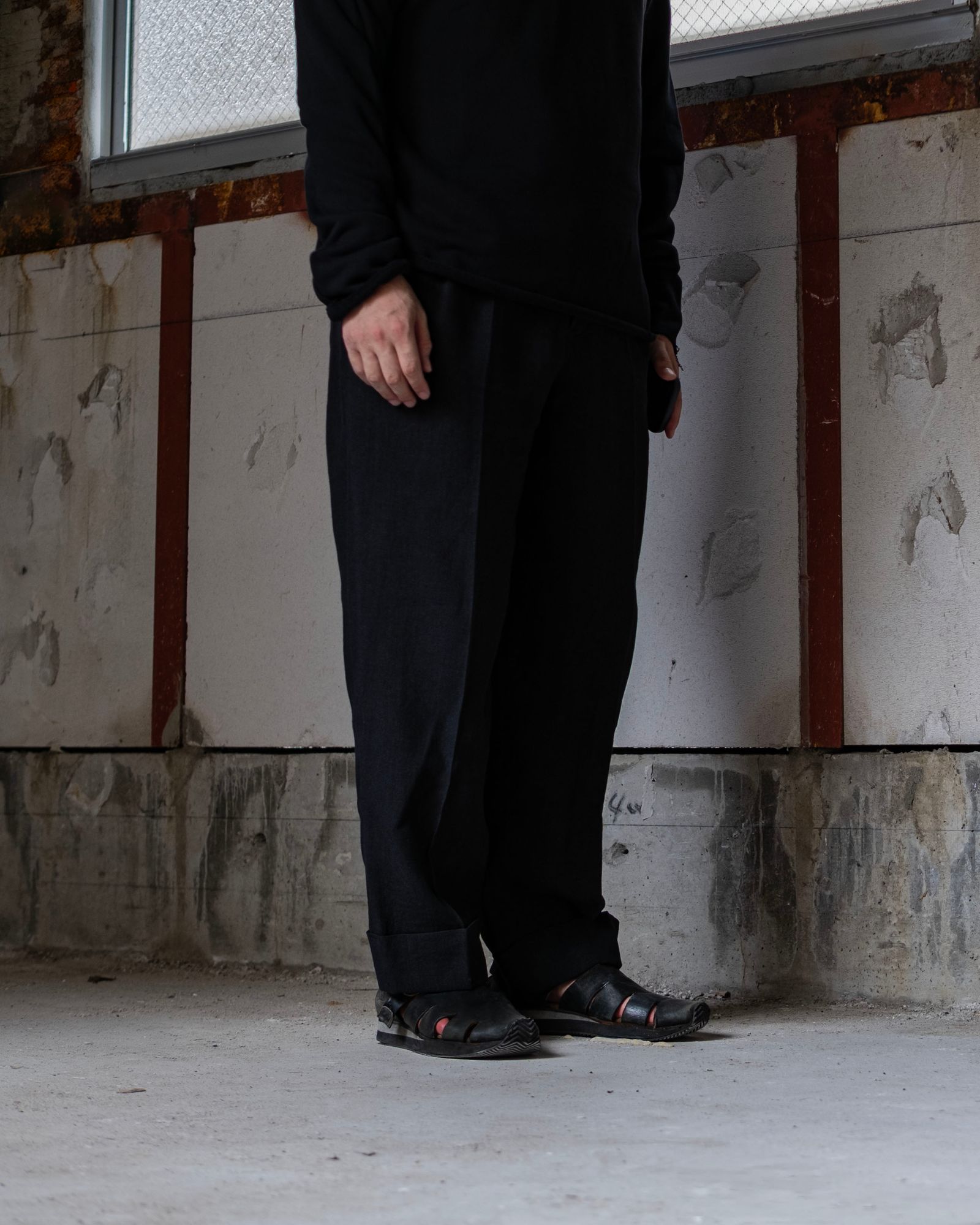 Linen Double Hem Pants with Matching Belt / Black