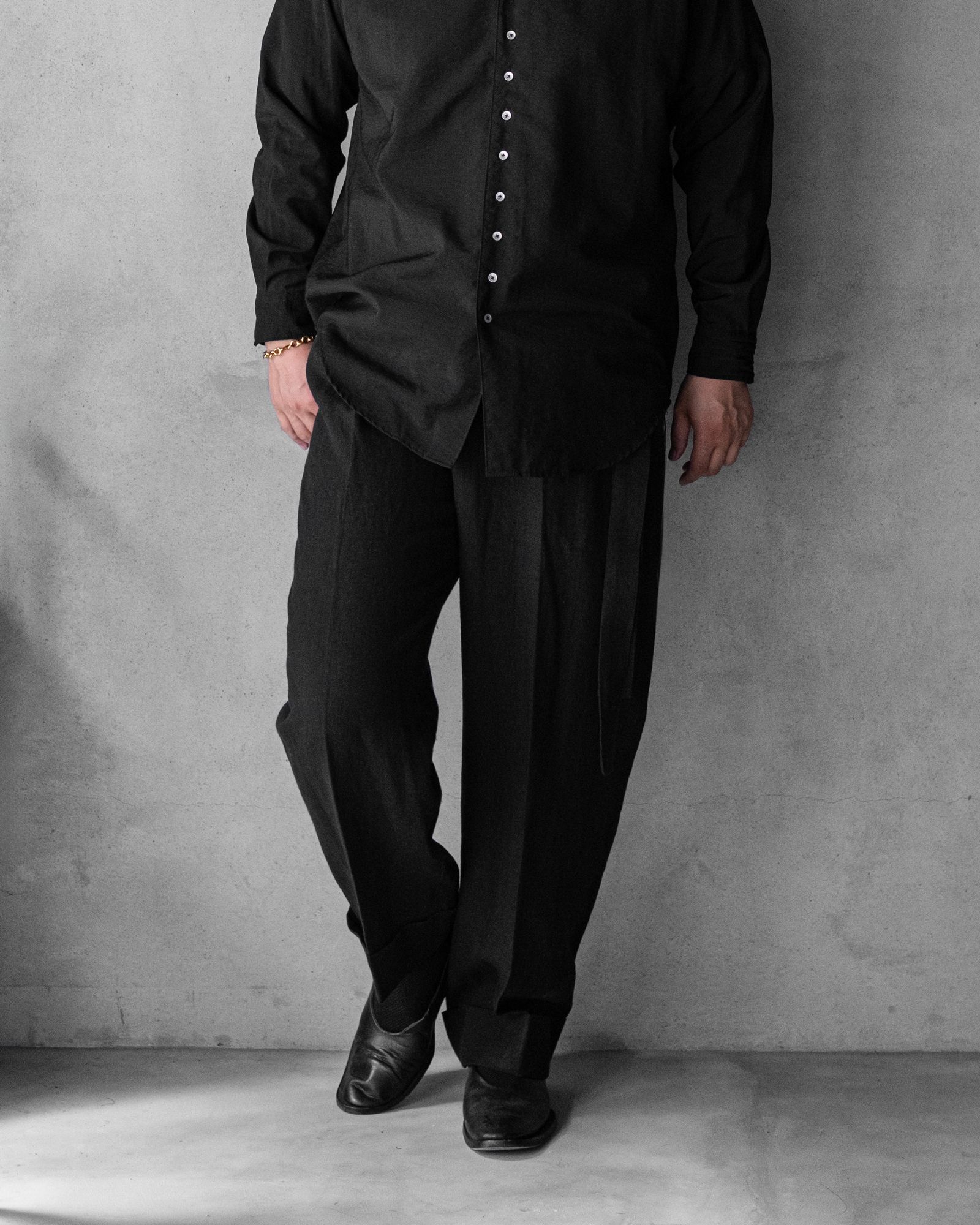 Linen Double Hem Pants with Matching Belt / Black