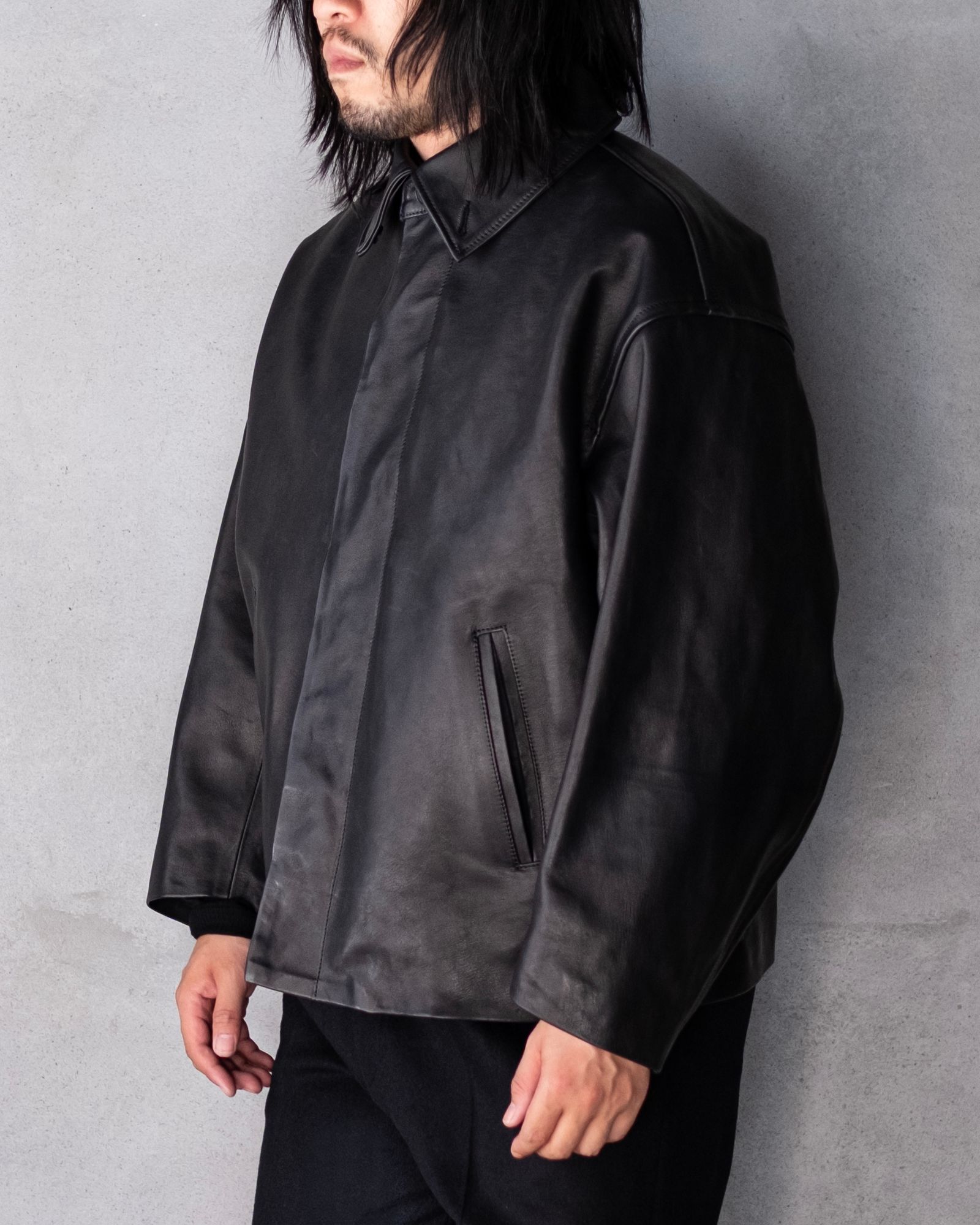 Leather Wide Elbow Coat / Black