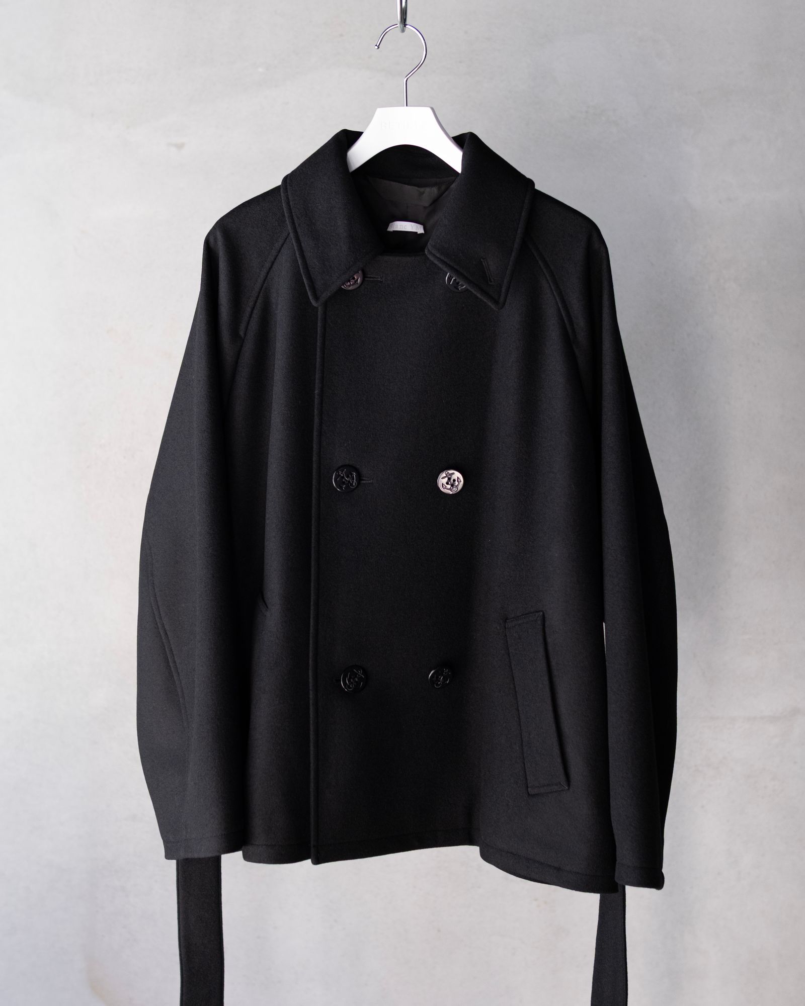Wool Raglan Pea Coat / Black