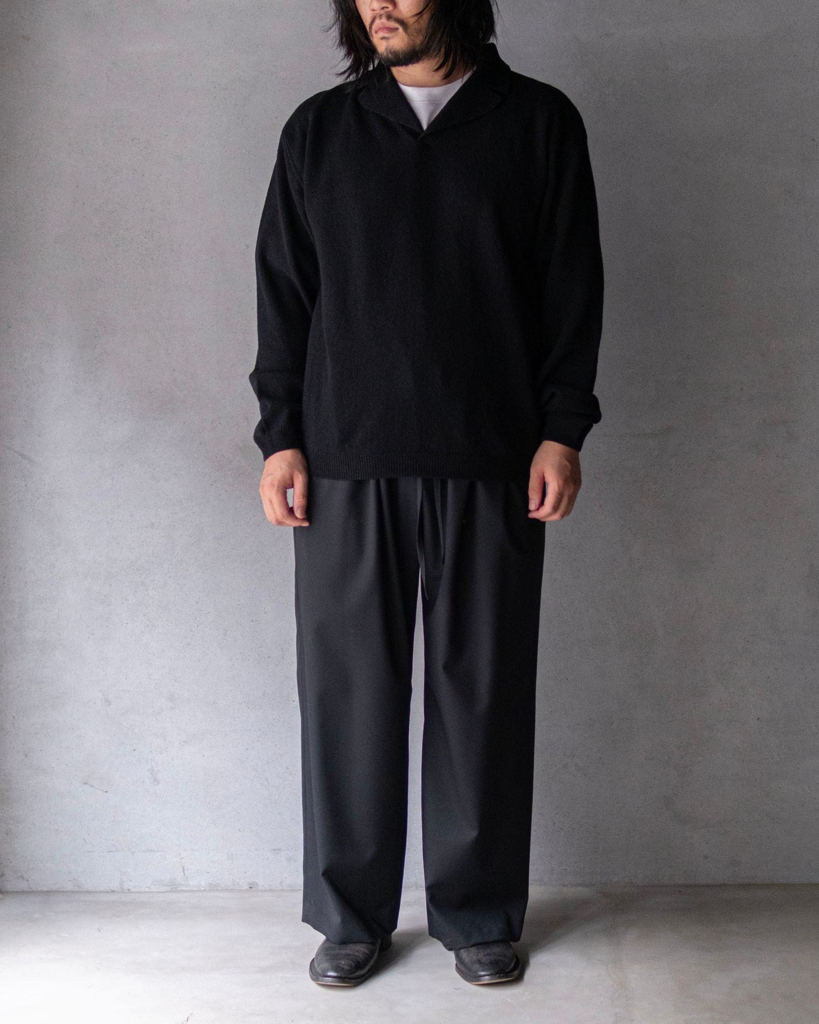 Wool Open Collar Knit Shirts / Black
