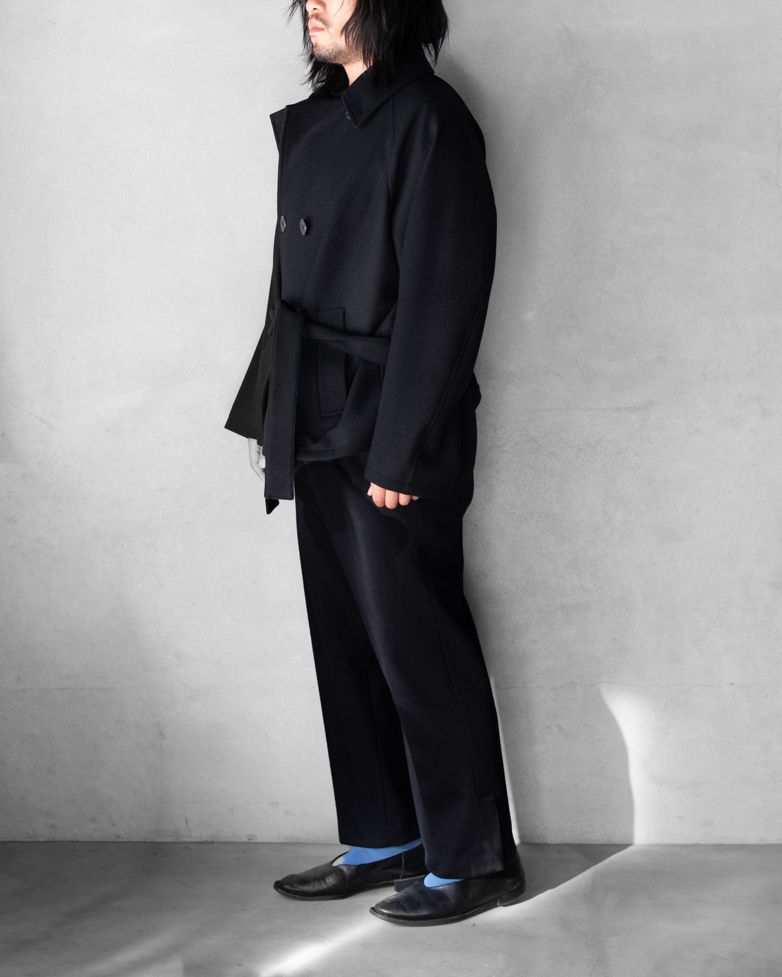 Wool Raglan Pea Coat / Black