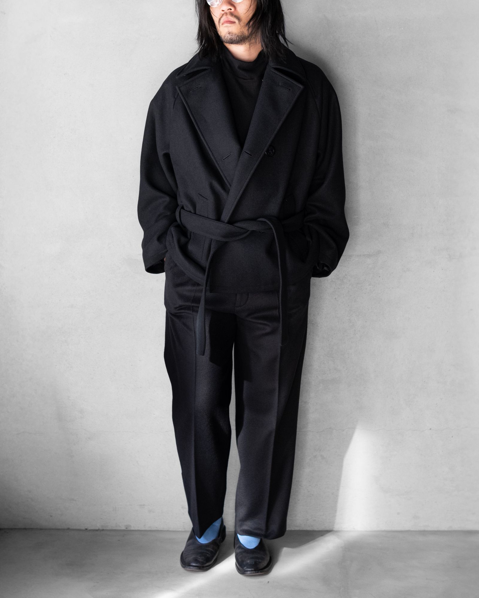 Wool Raglan Pea Coat / Black