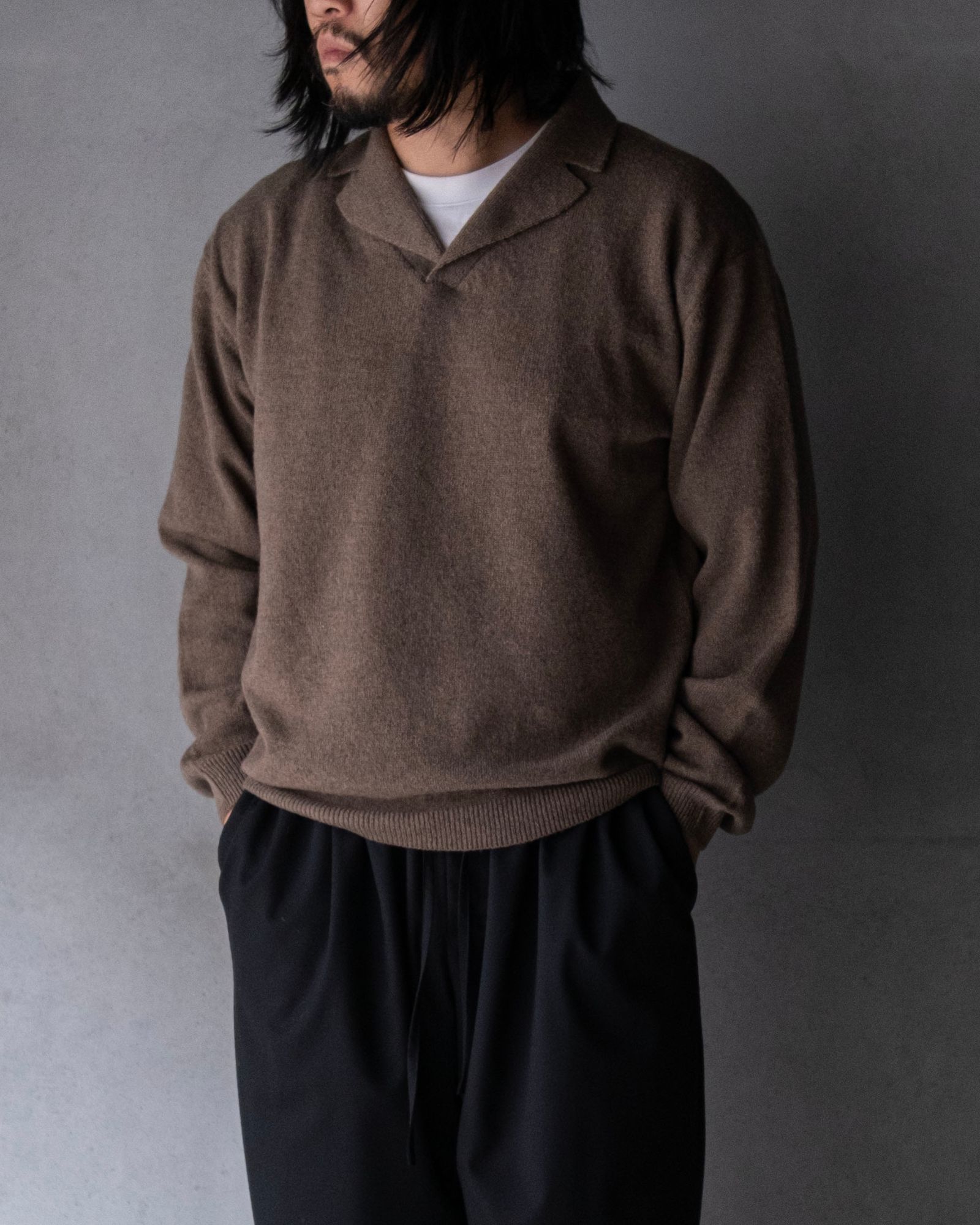 Wool Open Collar Knit Shirts / Brown