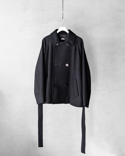 Wool Raglan Pea Coat / Black