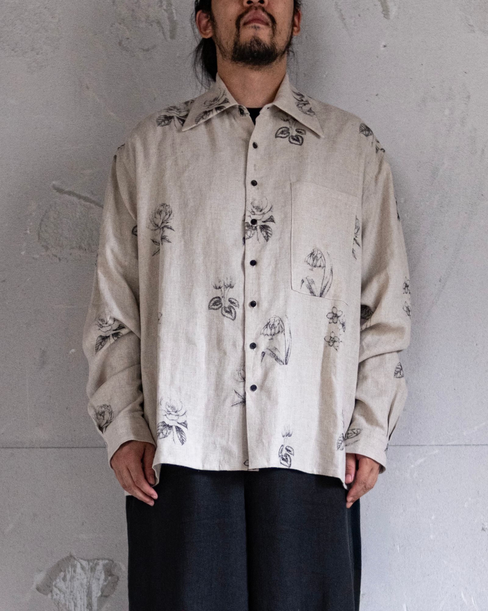 Botanical Print Oversized Shirt / Ecru × Botanical Print