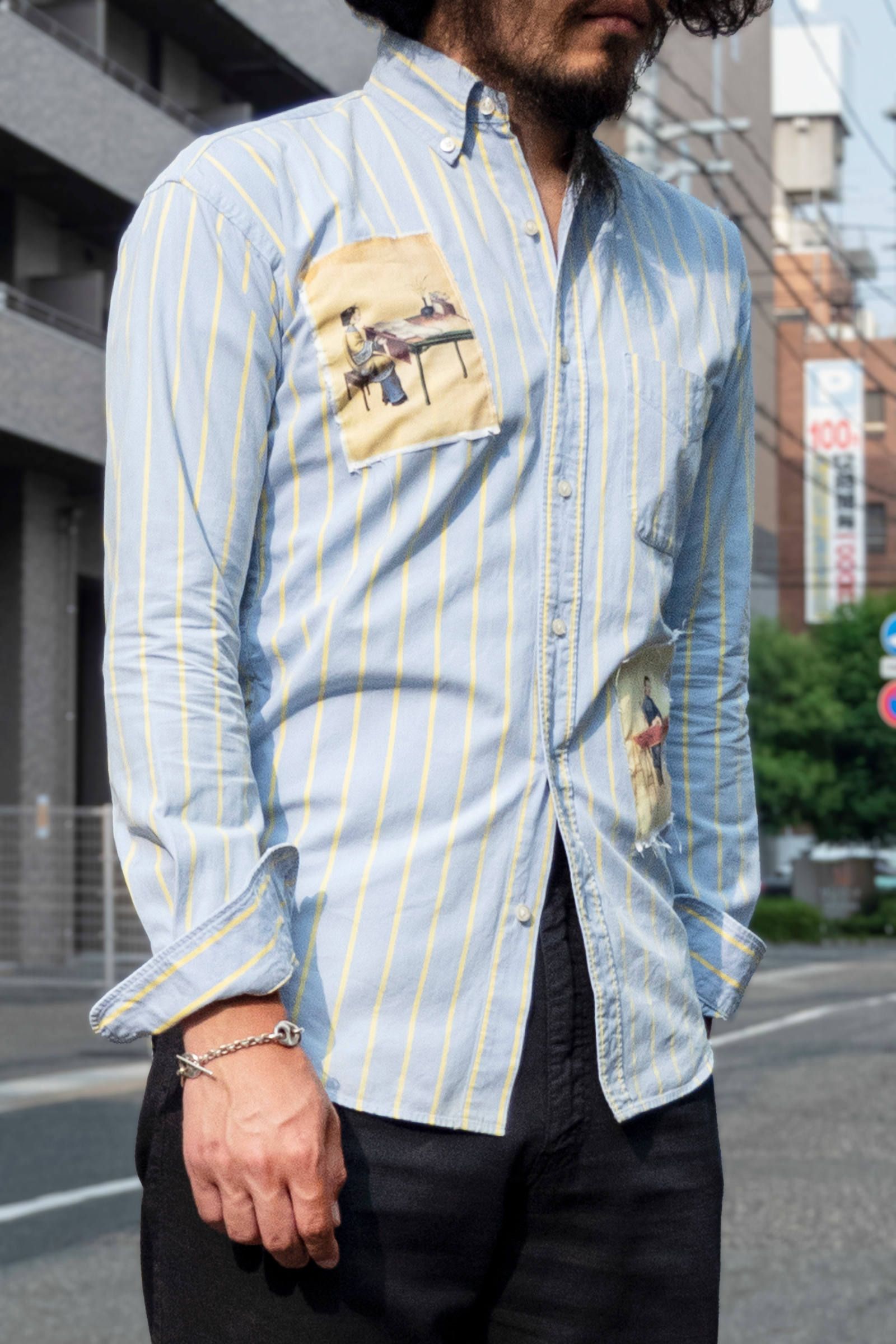 No Attention Remake line - JAPAN remake blue stripe patch shirts