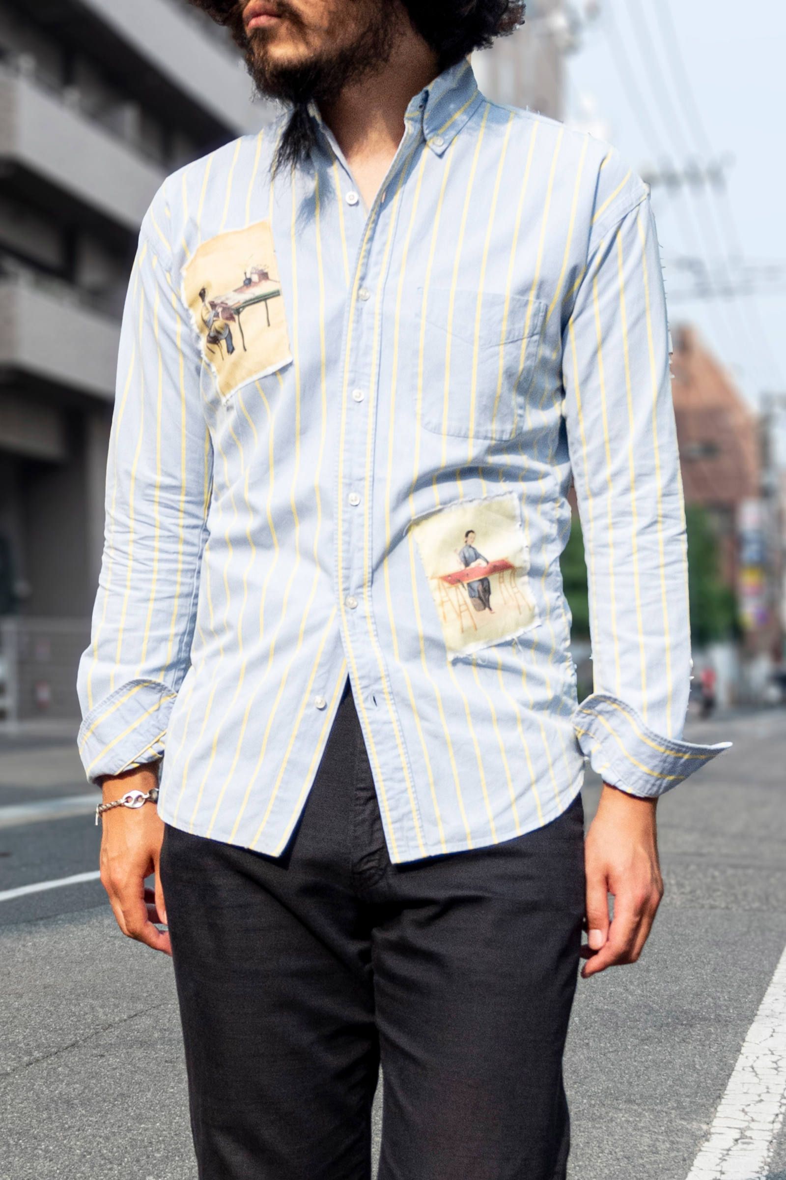 No Attention Remake line - JAPAN remake blue stripe patch shirts