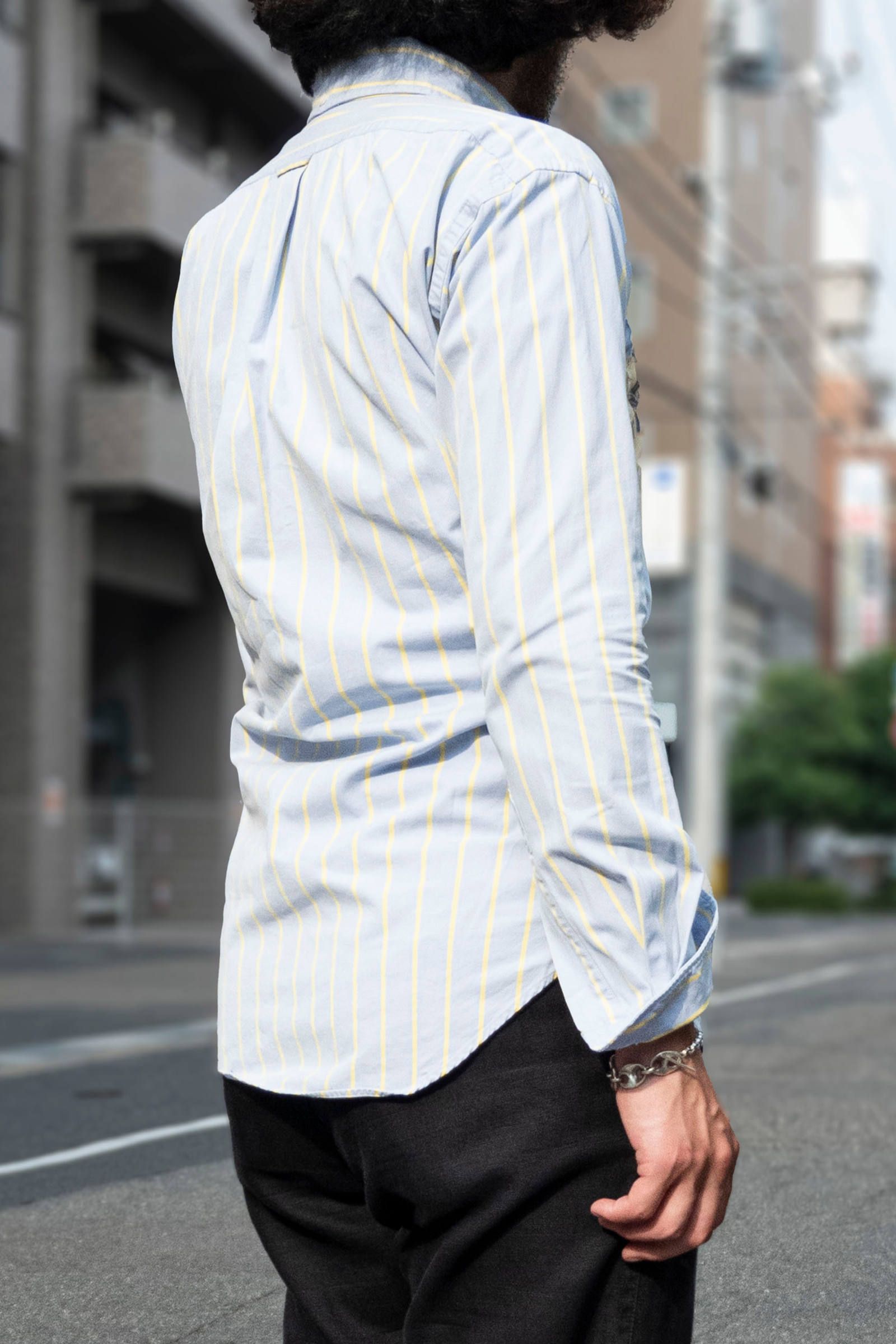 JAPAN remake blue stripe patch shirts / リメイクブルーストライプパッチシャツ