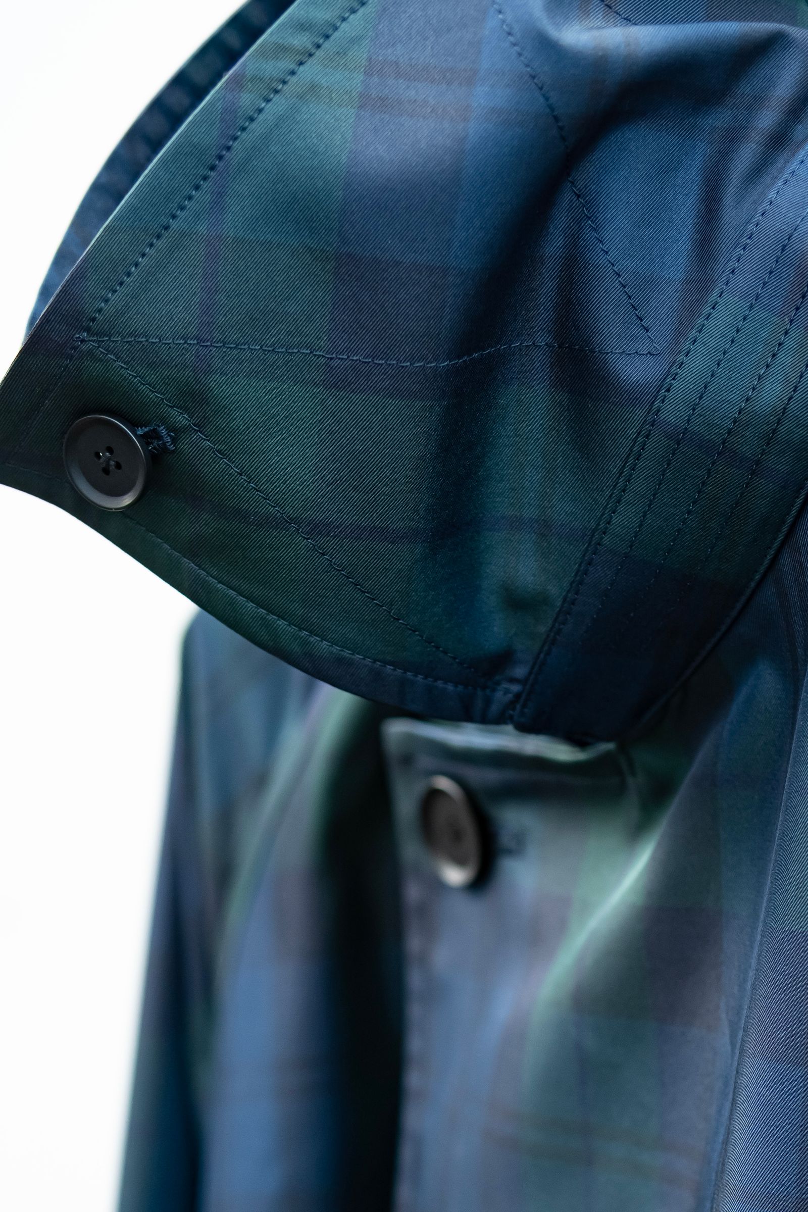 Blanc YM - Silk Black Watch Wrap Trench Coat / Blue×Green