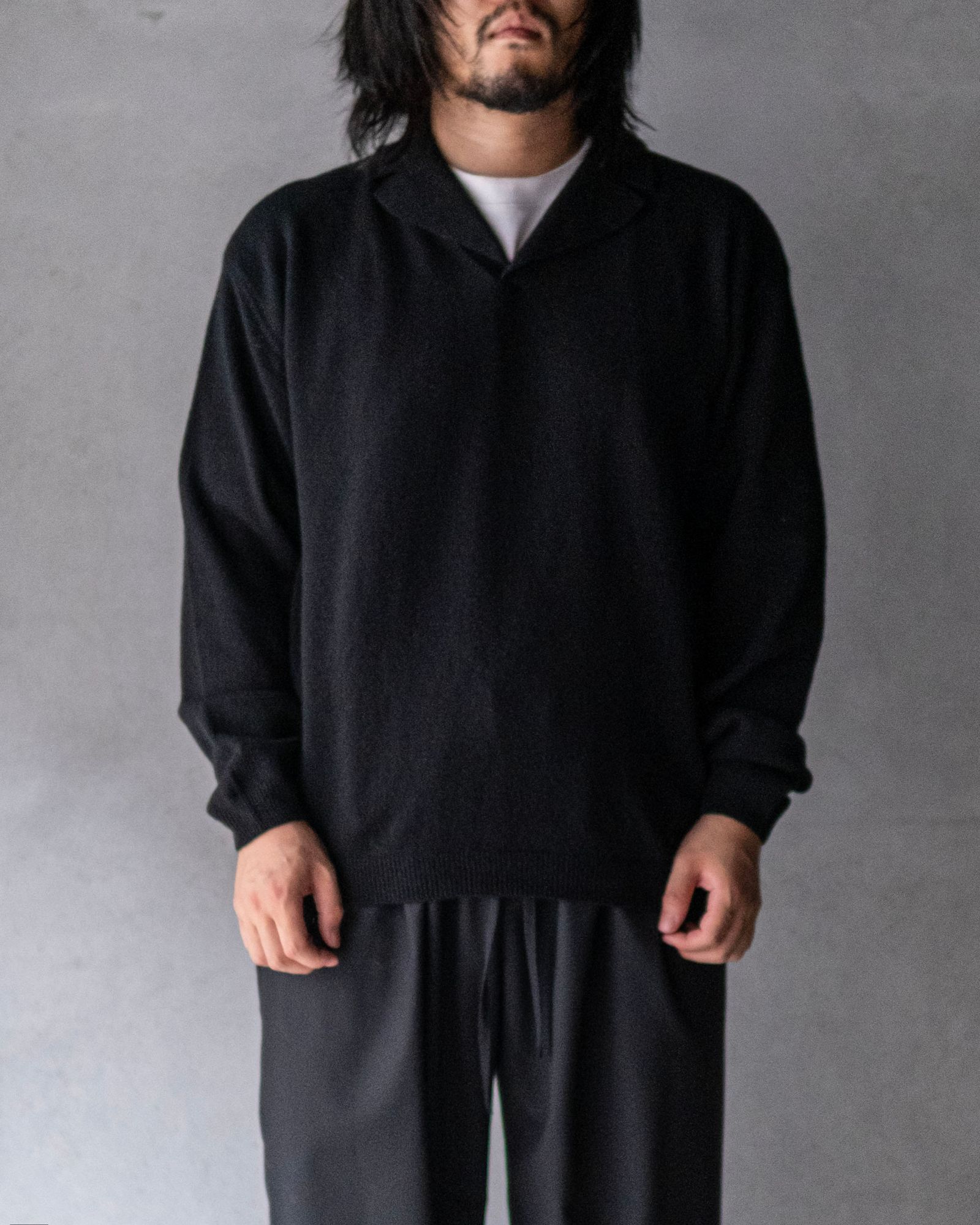 Wool Open Collar Knit Shirts / Black