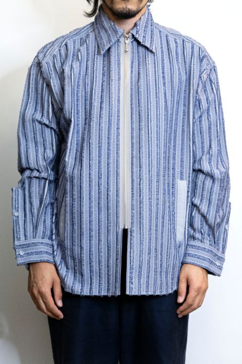 Quilted Striped Jacquard Shirt Blouson / 刺し子ストライプジャカードシャツブルゾン - GRAY BLUE