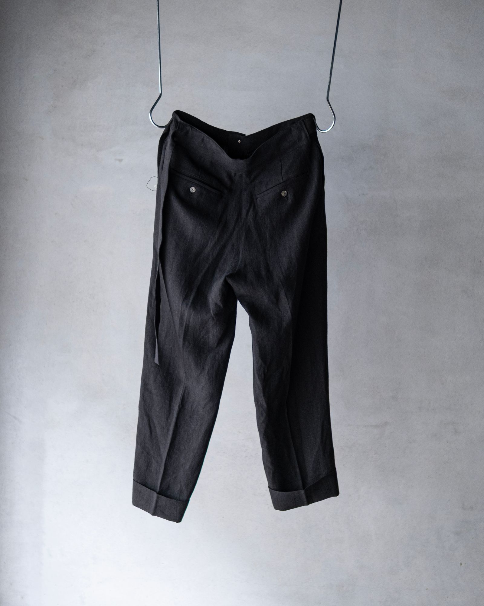 Linen Double Hem Pants with Matching Belt / Black