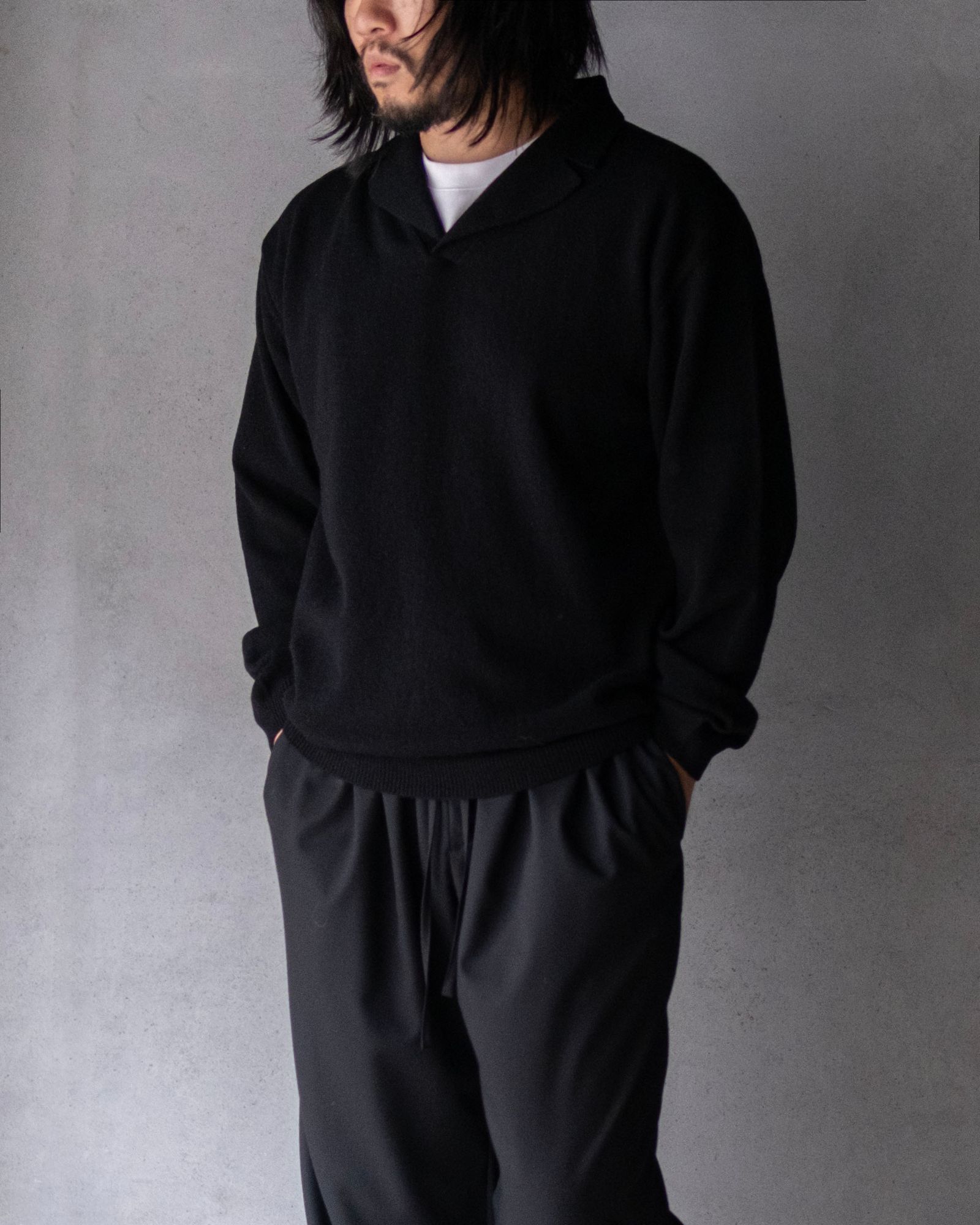 Wool Open Collar Knit Shirts / Black