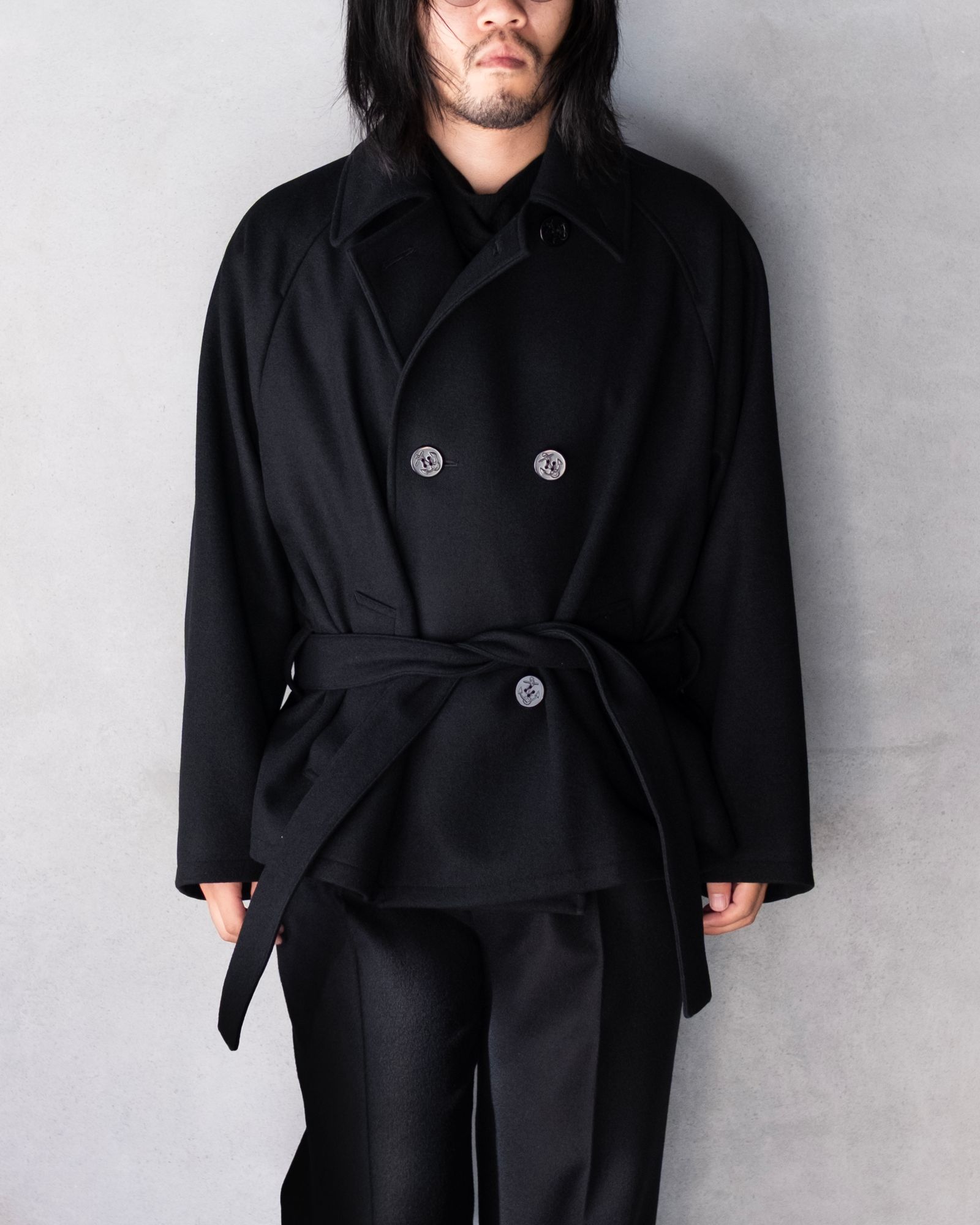 Wool Raglan Pea Coat / Black