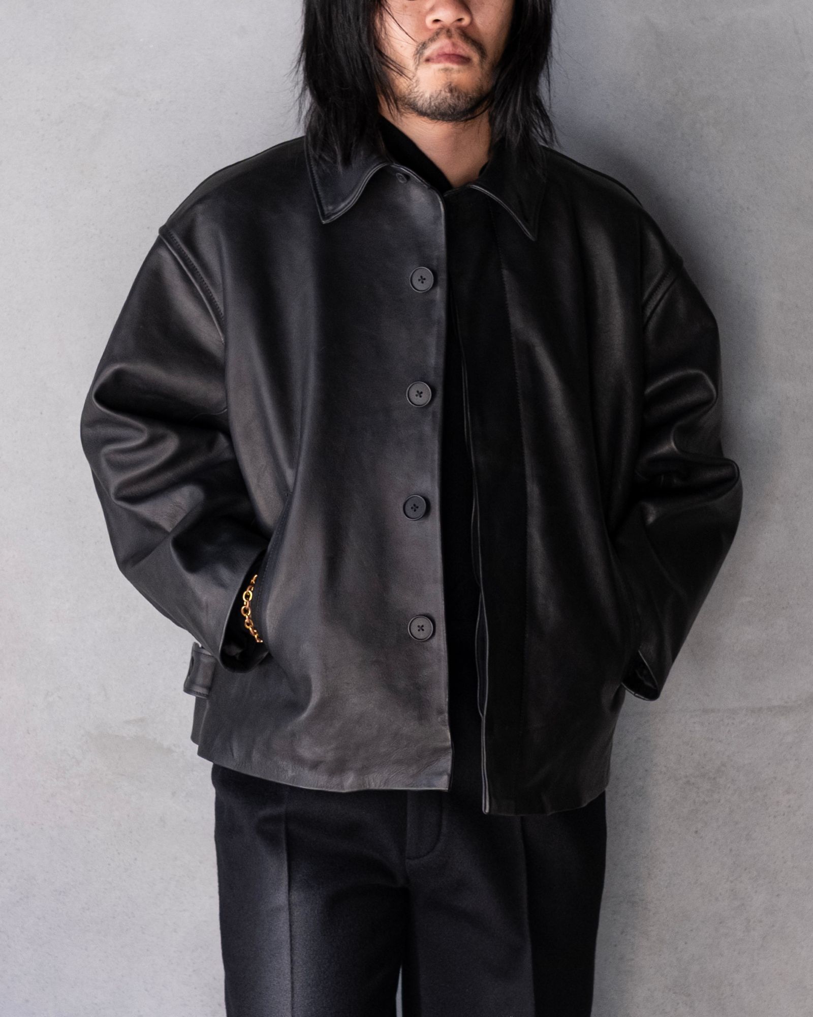 Leather Wide Elbow Coat / Black