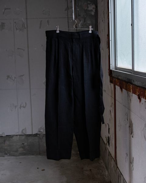 Linen Double Hem Pants with Matching Belt / Black