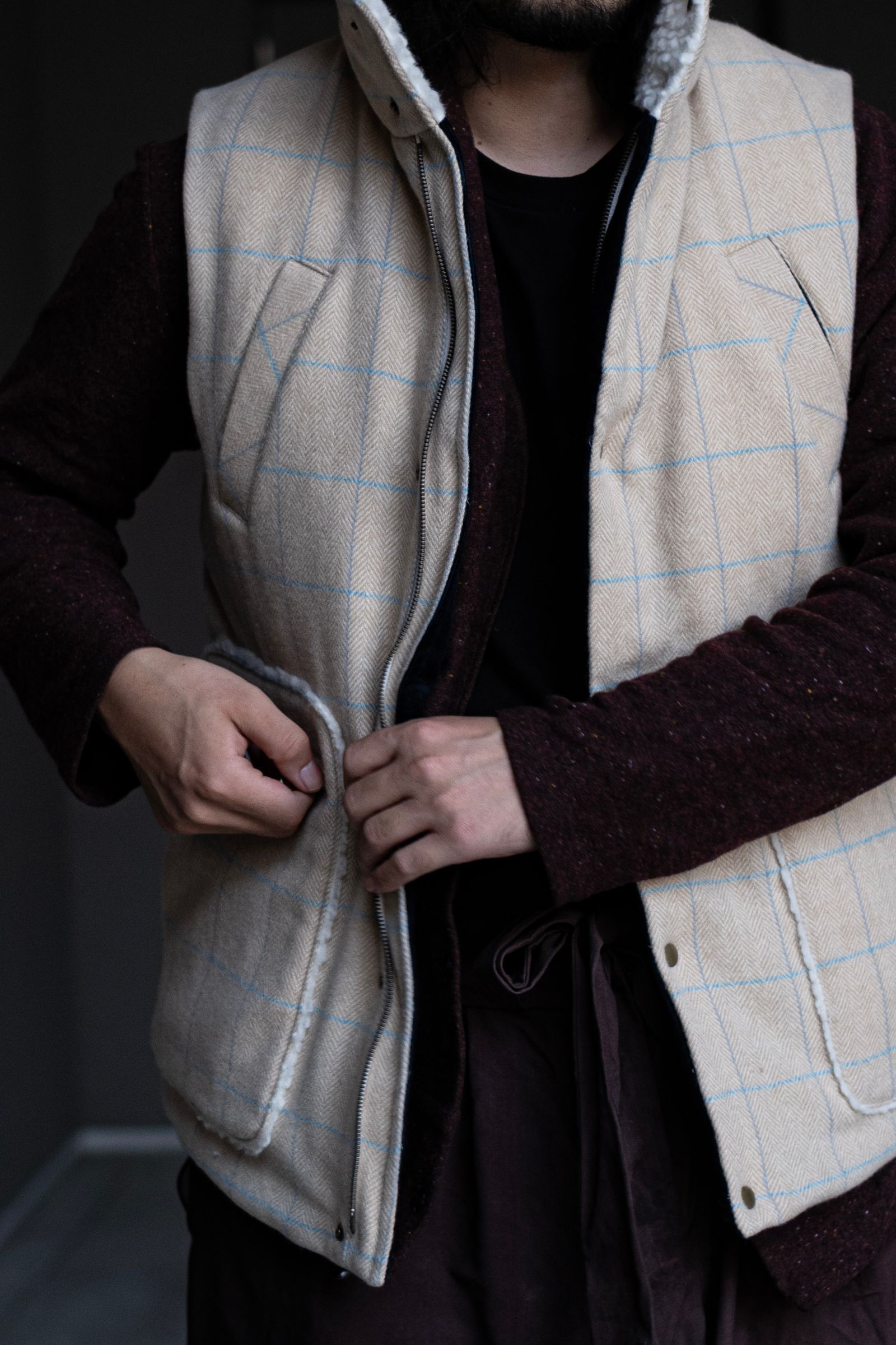 TWEED DOWN VEST / HERRINGBONE OVERPANE