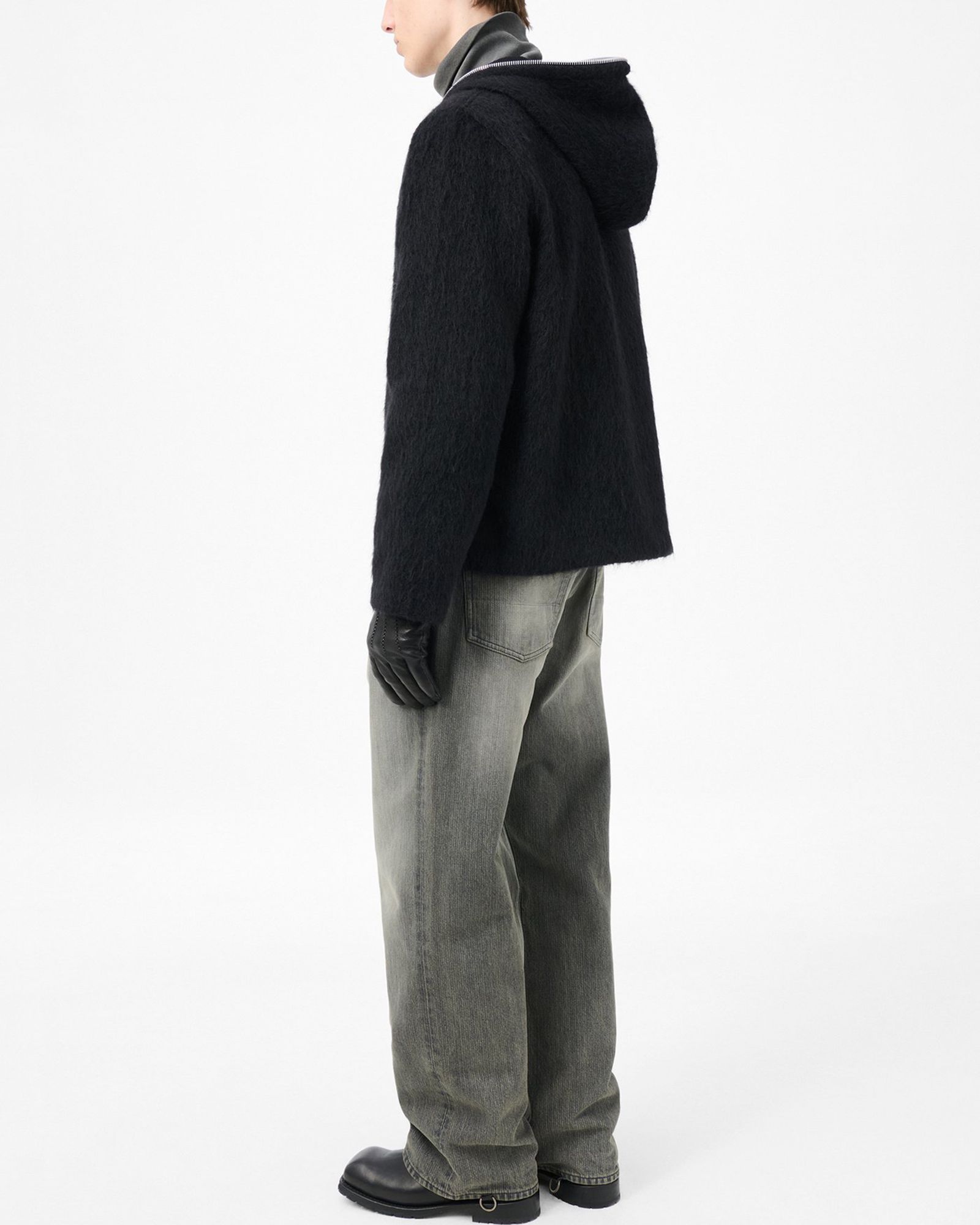 FULL ZIP HOOD  Black Hairy Wool