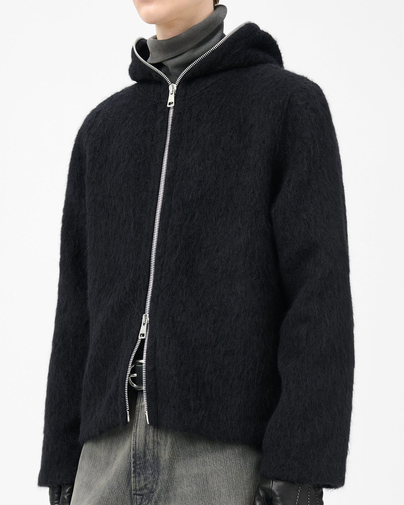 FULL ZIP HOOD  Black Hairy Wool