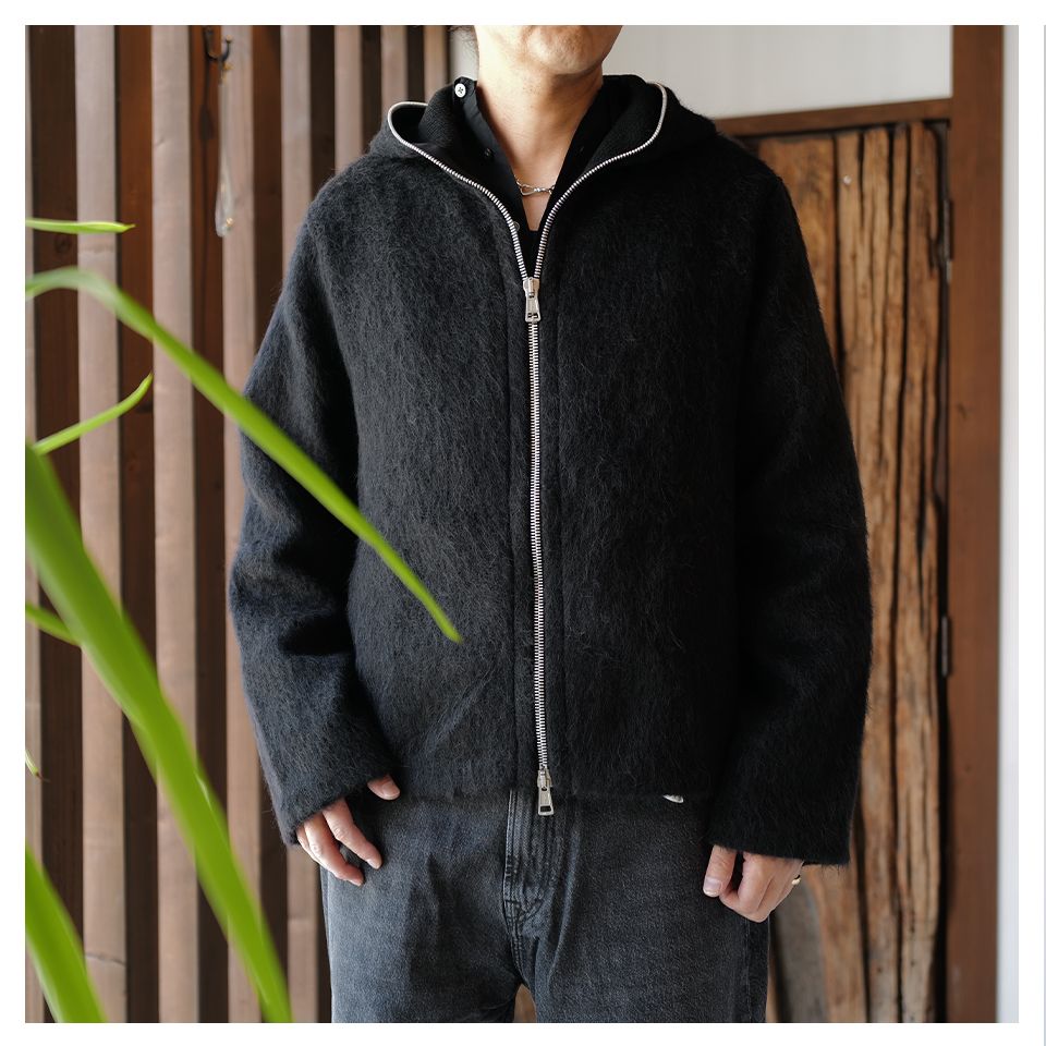 FULL ZIP HOOD  Black Hairy Wool