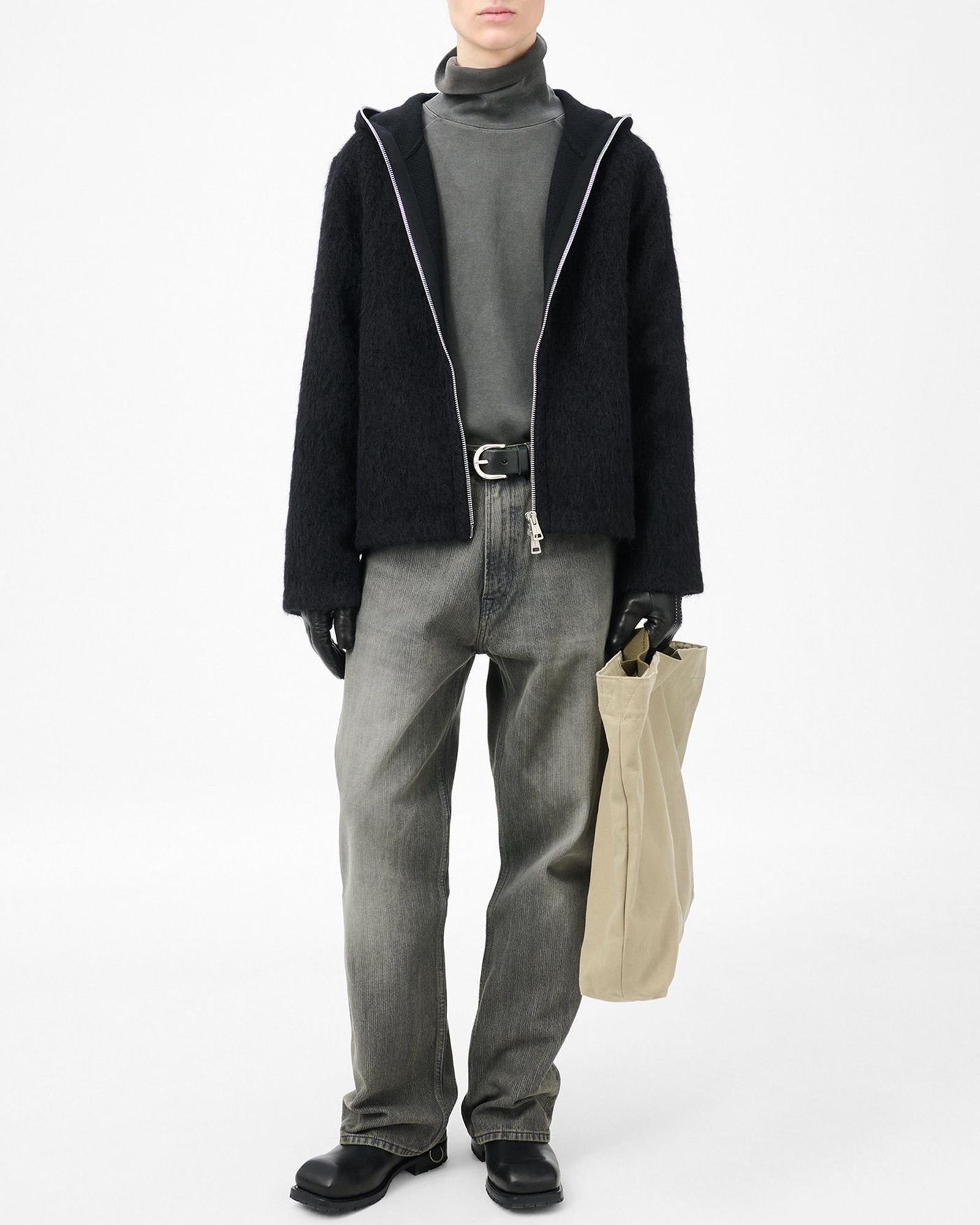 FULL ZIP HOOD  Black Hairy Wool