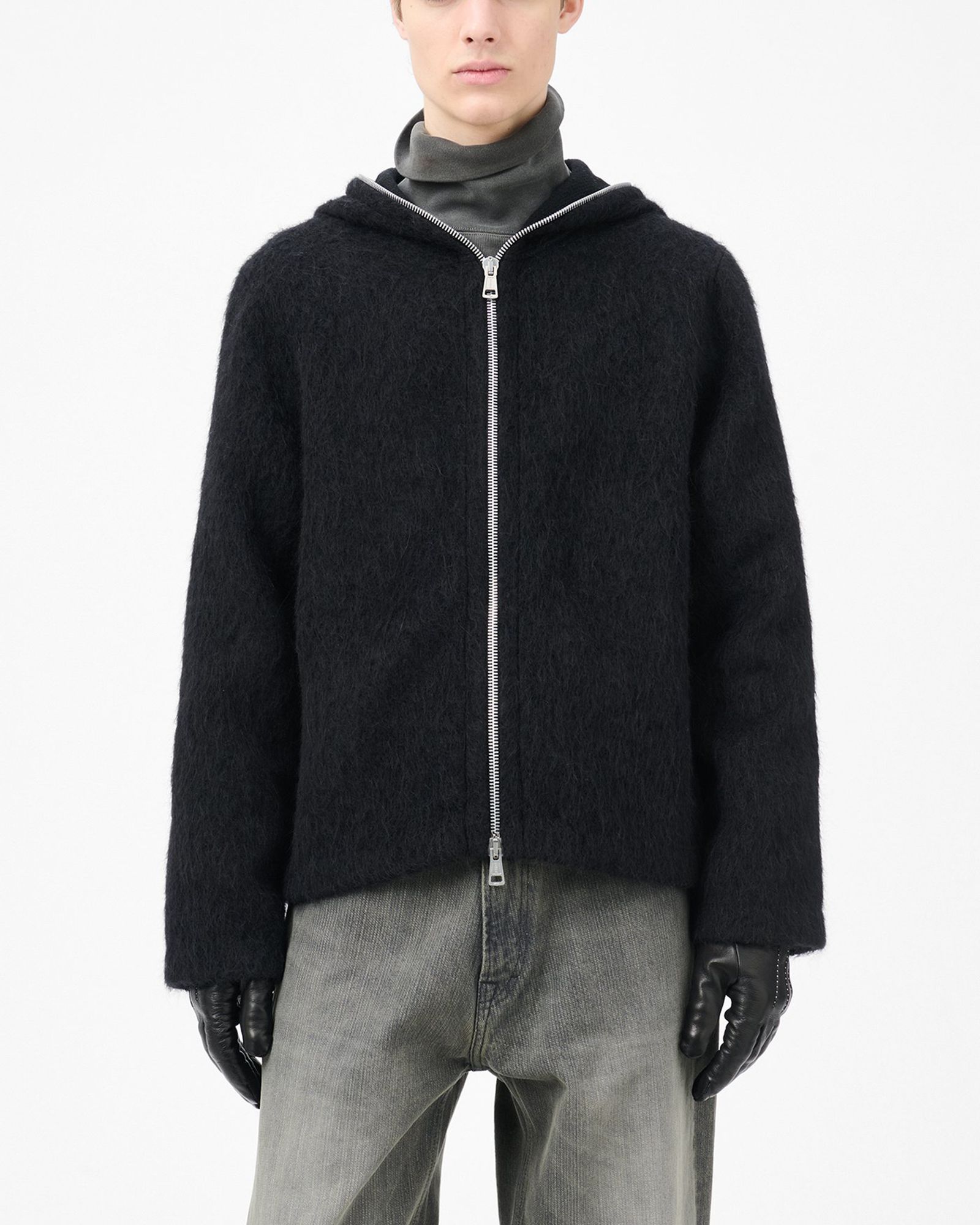 FULL ZIP HOOD  Black Hairy Wool