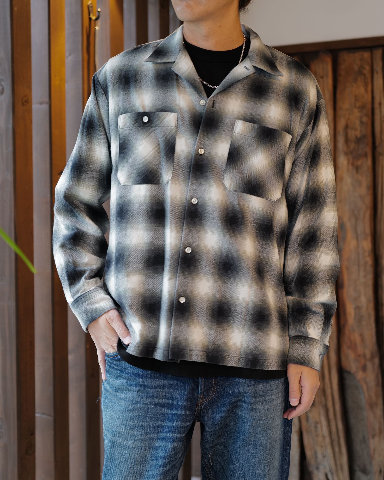 C.Flannel Ombre Open Collar SH  BLT