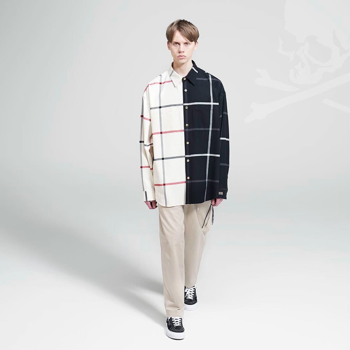 Last1 L 【mastermindJAPAN】 VERTICAL SPLIT PLAID SHIRT  BLACK x WHITE PLAID( BIG )