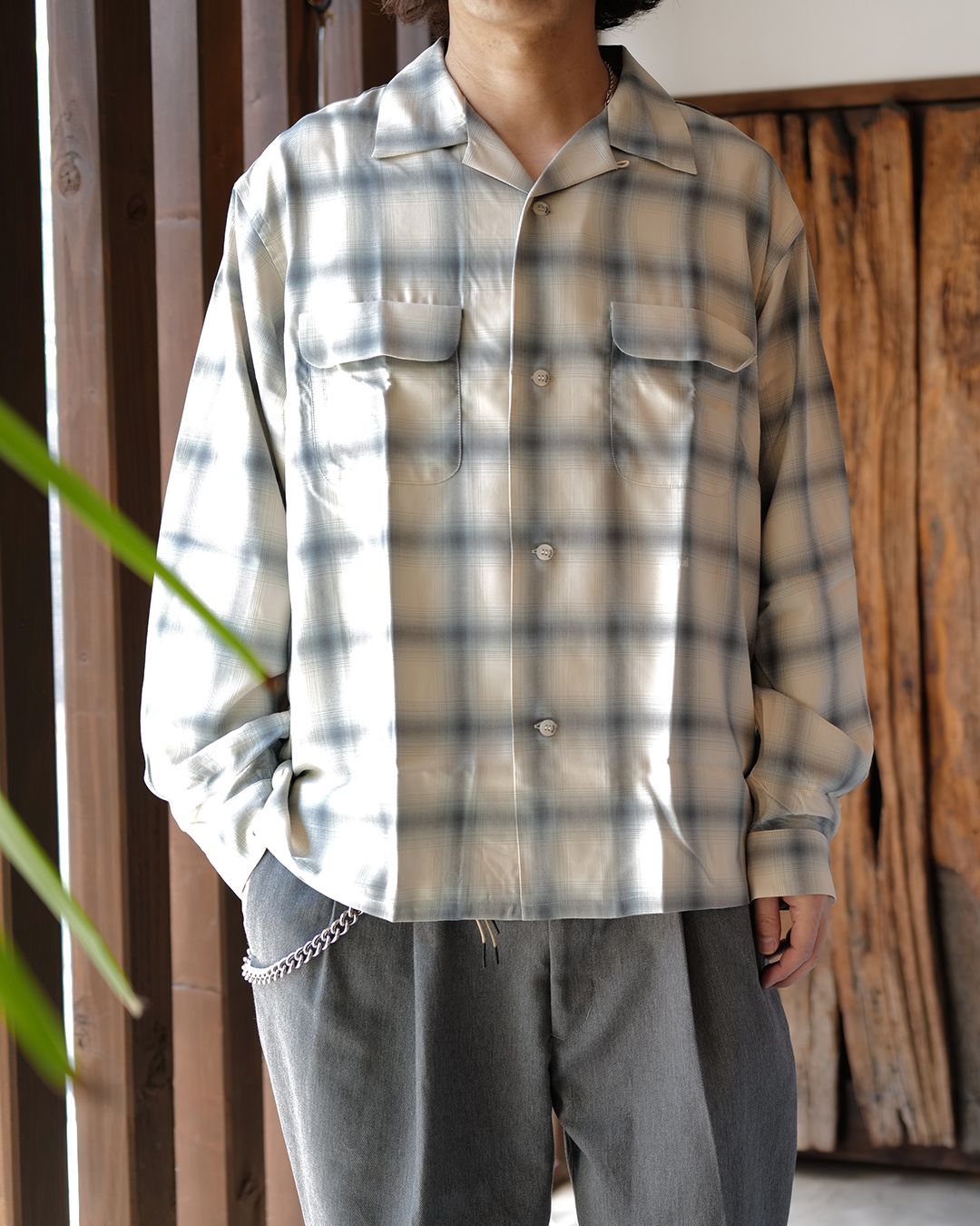 OMBRE CHECK LONG SLEEVE SHIRT [BEIGE]