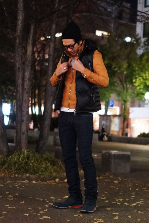 レザージャケット+ダウンベスト　ヘビーアウターだと暑い!という方向けです。