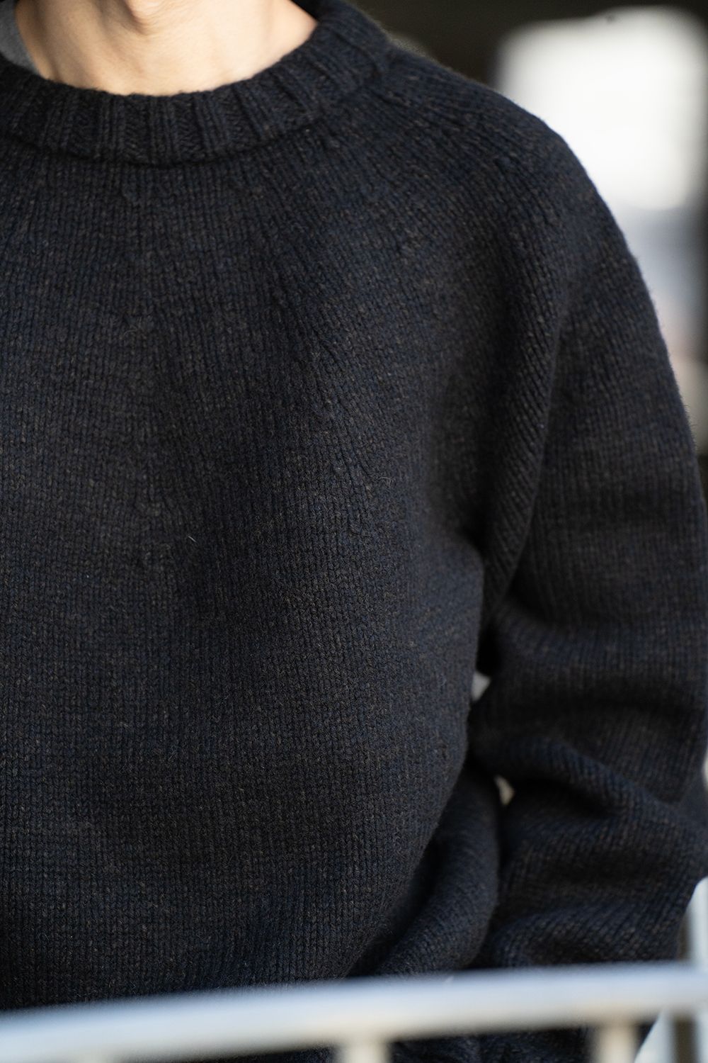 yak/lambs multi ply HAND KNITTING yoke top crew neck sweater(DARK NAVY)