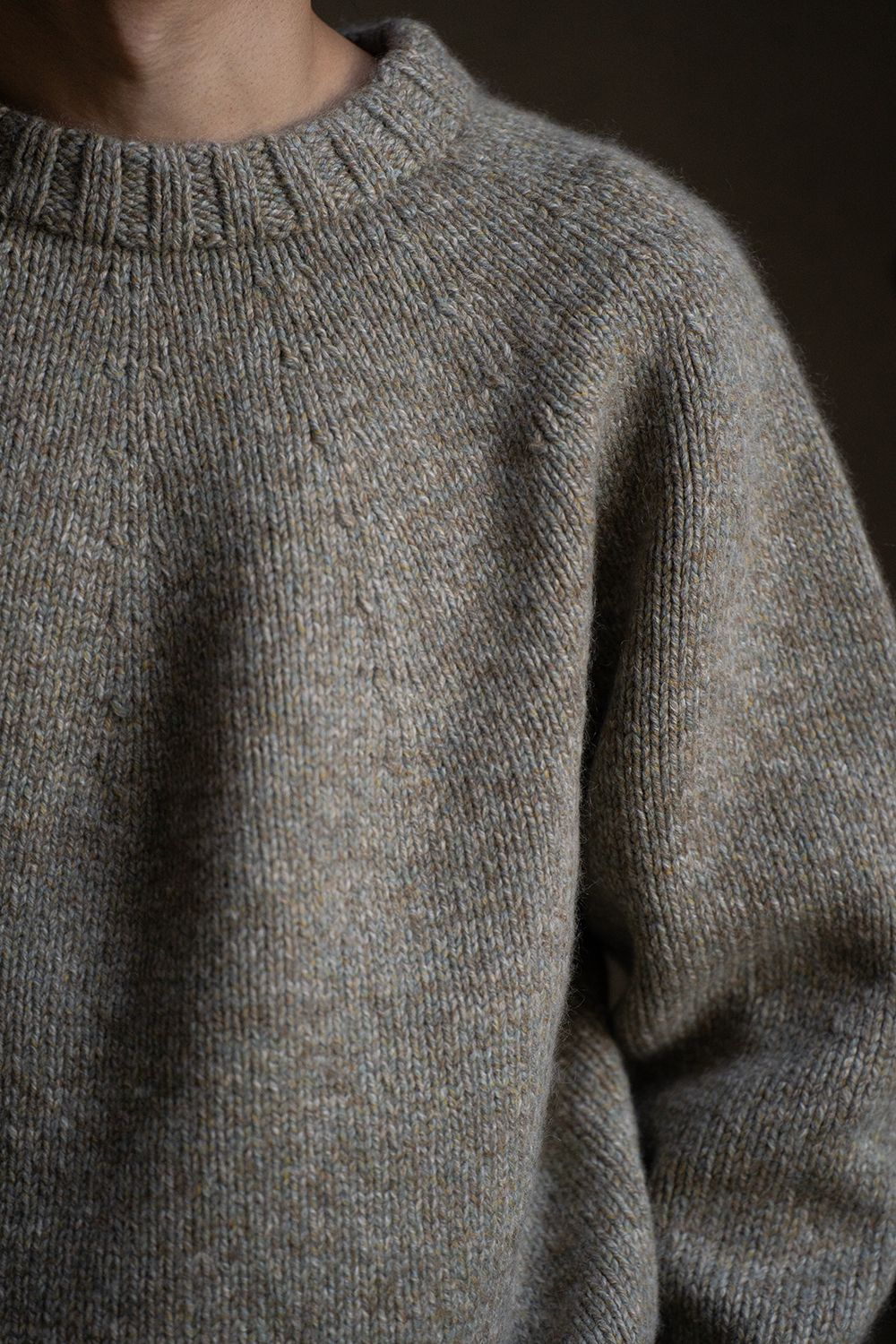 yak/lambs multi ply HAND KNITTING yoke top crew neck sweater(FOG)