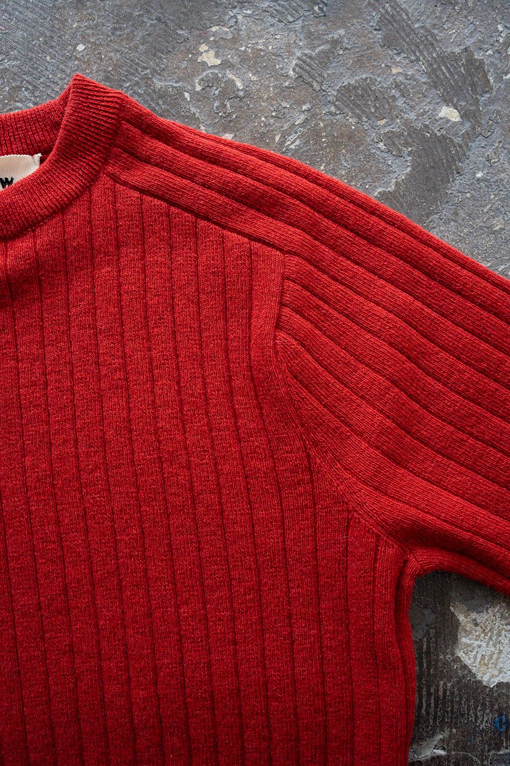 Hard twisted Shetlandwool RIB saddle shoulder crew neck sweater(RED)