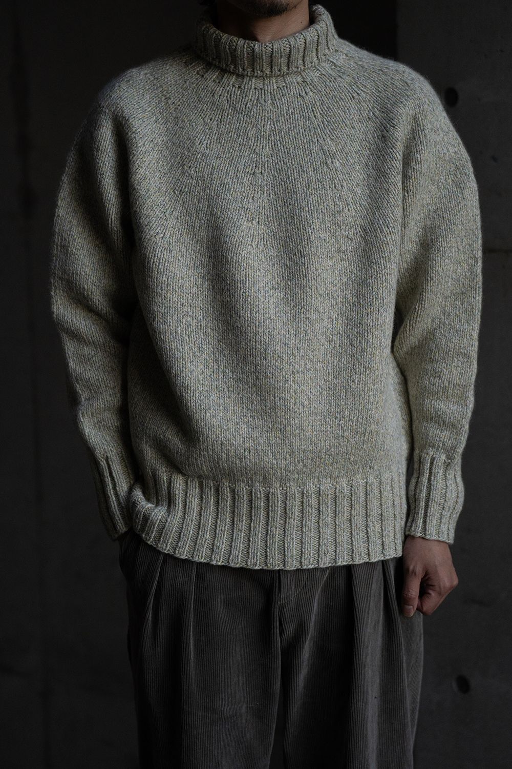 【ラスト1点】yak/lambs multi ply HAND KNITTING yoke top turtle neck sweater(MINT)