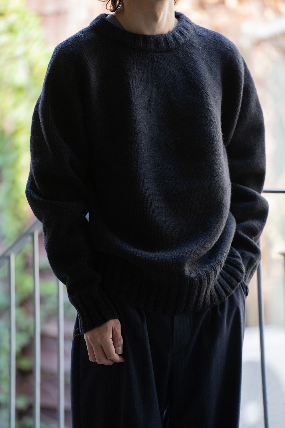 yak/lambs multi ply HAND KNITTING yoke top crew neck sweater(DARK NAVY)