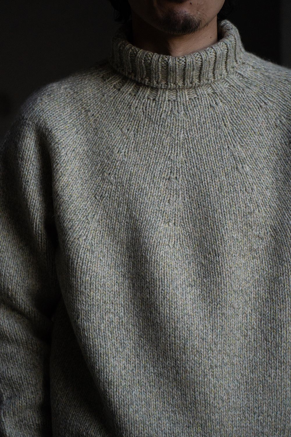 【ラスト1点】yak/lambs multi ply HAND KNITTING yoke top turtle neck sweater(MINT)