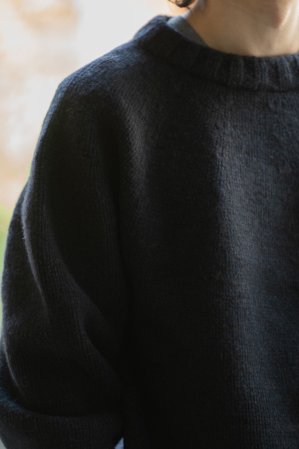 yak/lambs multi ply HAND KNITTING yoke top crew neck sweater(DARK NAVY)