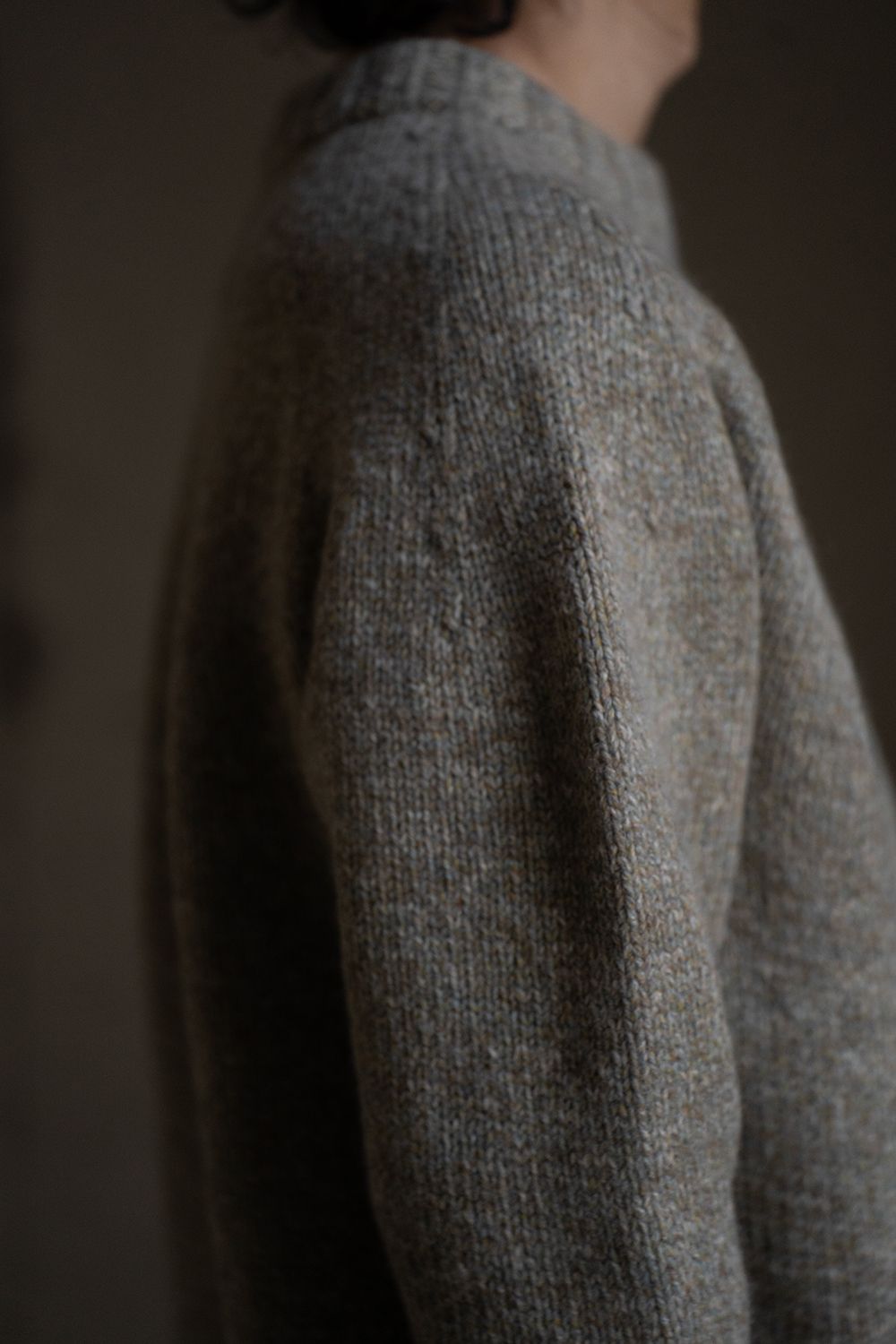 yak/lambs multi ply HAND KNITTING yoke top crew neck sweater(FOG)