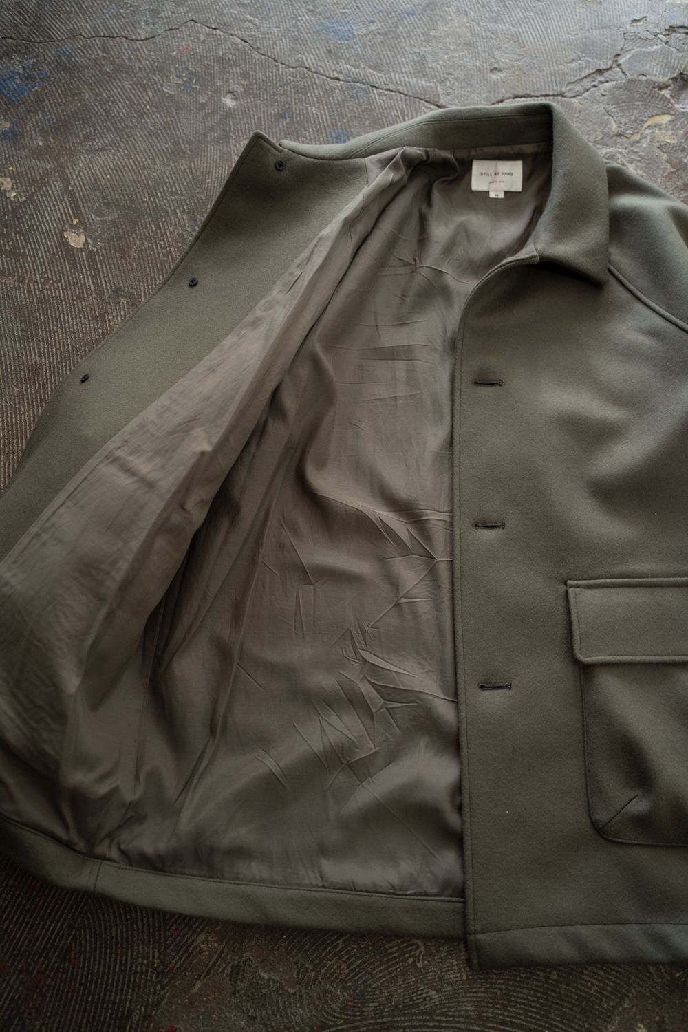 【25AW】Super110'Sメルトンステンカラーハーフコート(SAGE)