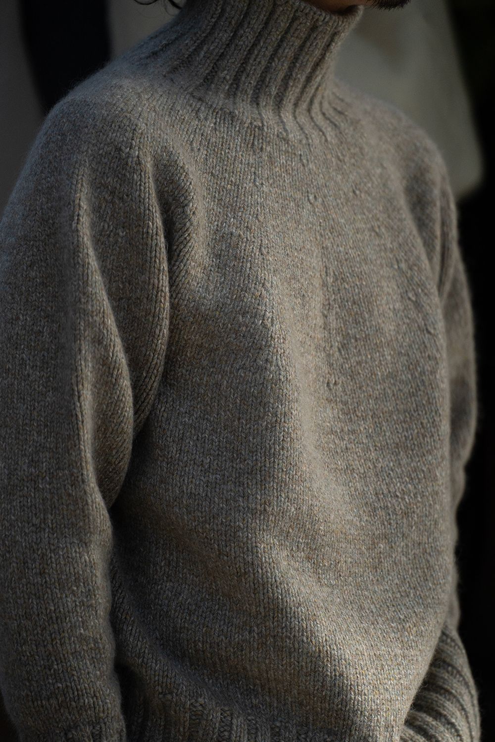yak/lambs multi ply HAND KNITTING yoke top turtle neck sweater(FOG)
