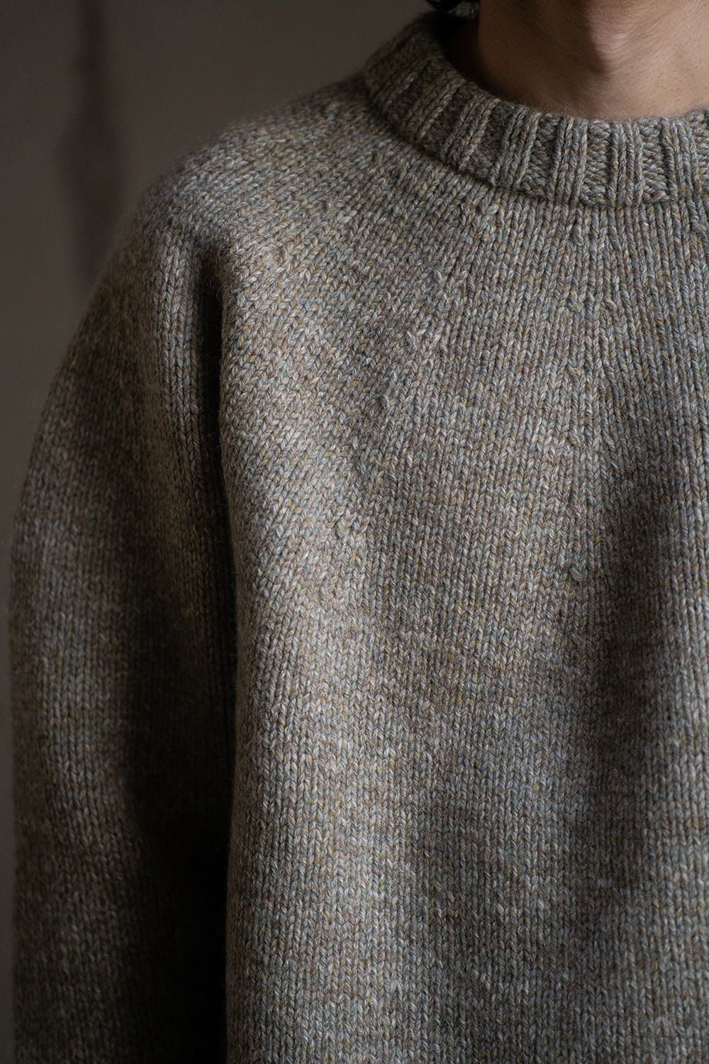 yak/lambs multi ply HAND KNITTING yoke top crew neck sweater(FOG)