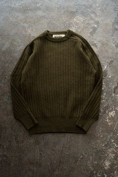 Hard twisted Shetlandwool RIB saddle shoulder crew neck sweater(OLIVE)